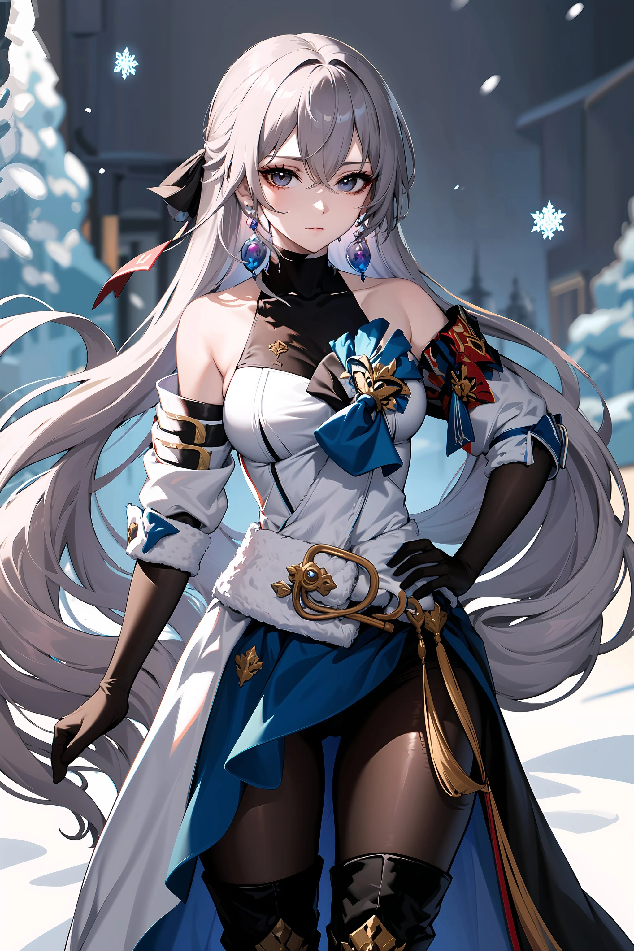 Anime 2048x3072 anime anime girls AI art portrait display long hair snowflakes hands on hips snow earring bare shoulders looking at viewer