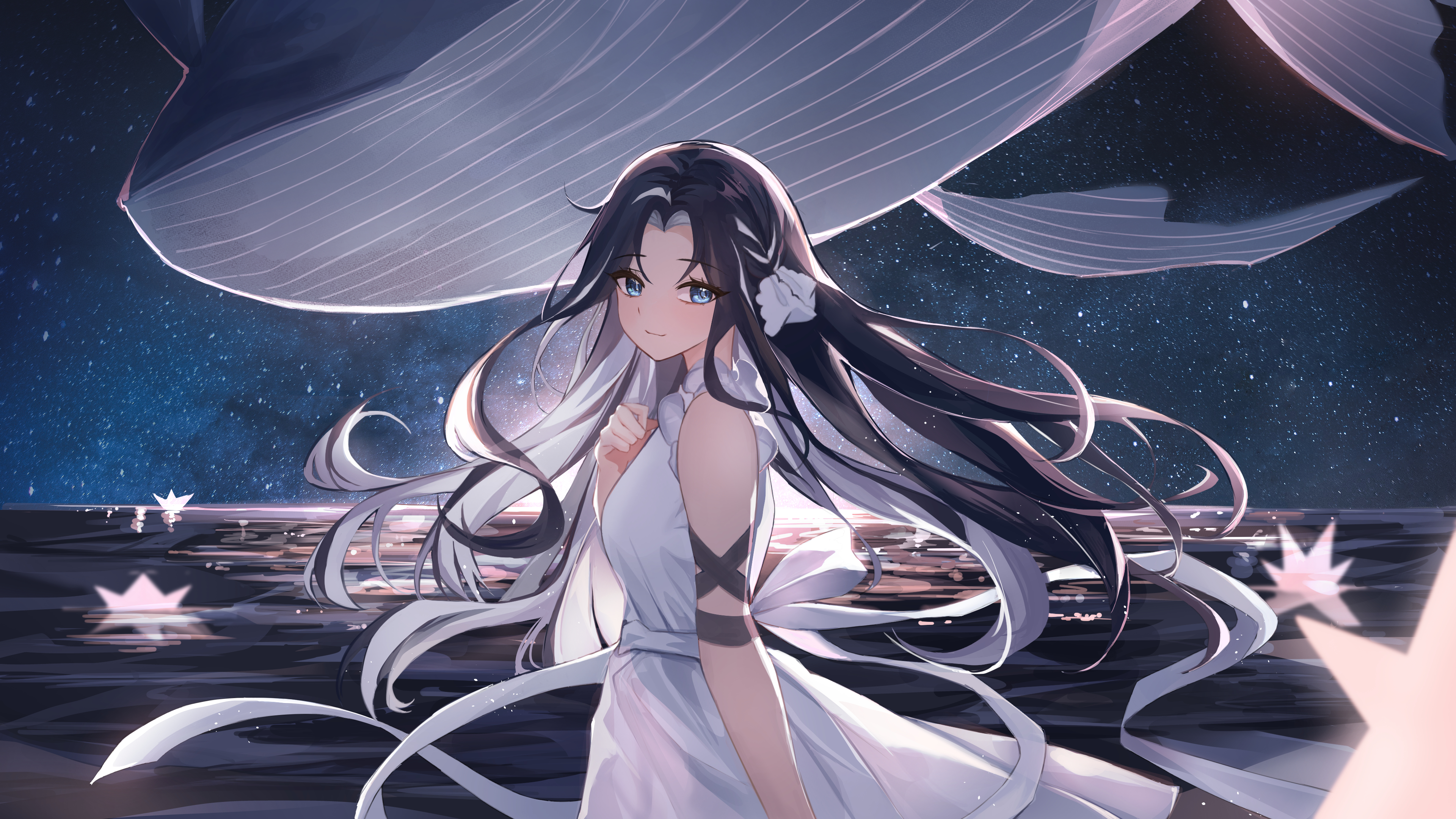 Anime 3840x2160 anime anime girls fish long hair dress stars whale smiling looking at viewer water animals