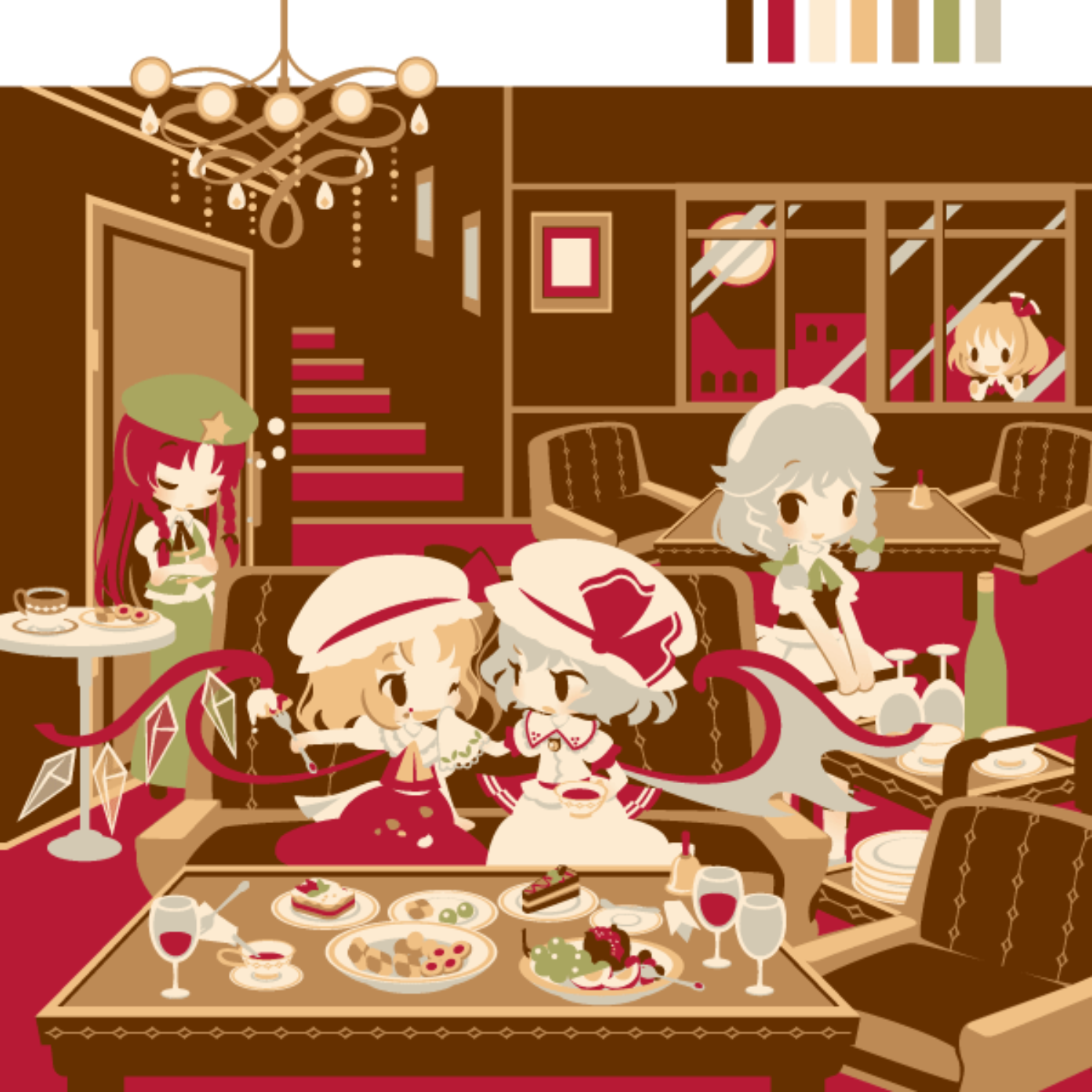 Anime 1393x1393 anime anime girls Touhou Flandre Scarlet Remilia Scarlet Izayoi Sakuya Rumia Hong Meiling stairs sweets drink couch window chandeliers grapes fork