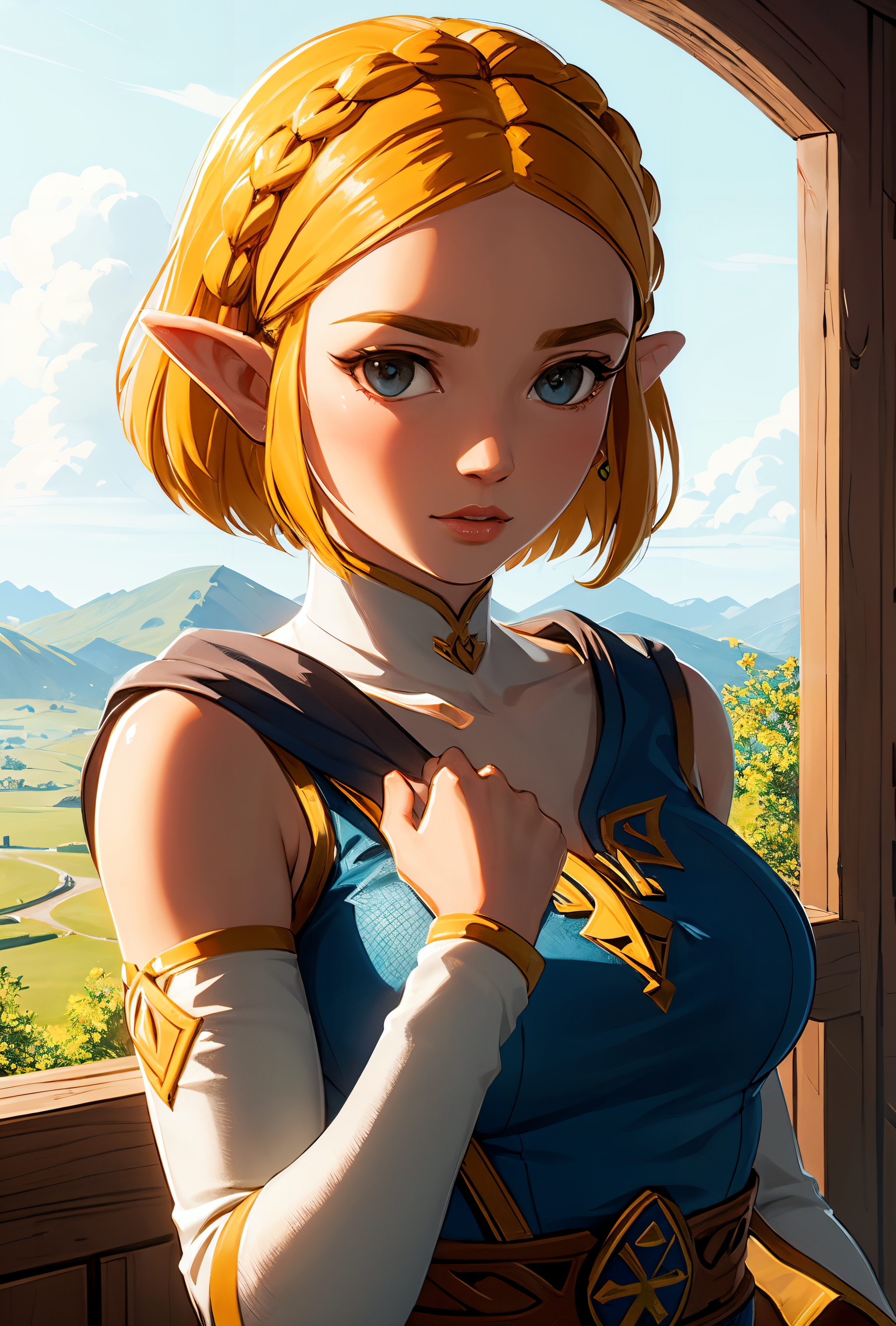 General 2048x3028 Nintendo Nintendo Switch Hyrule looking at viewer short hair blue eyes The Legend of Zelda: Tears of the Kingdom blonde clouds AI art photoshopped pointy ears portrait display mountains braids anime girls Zelda