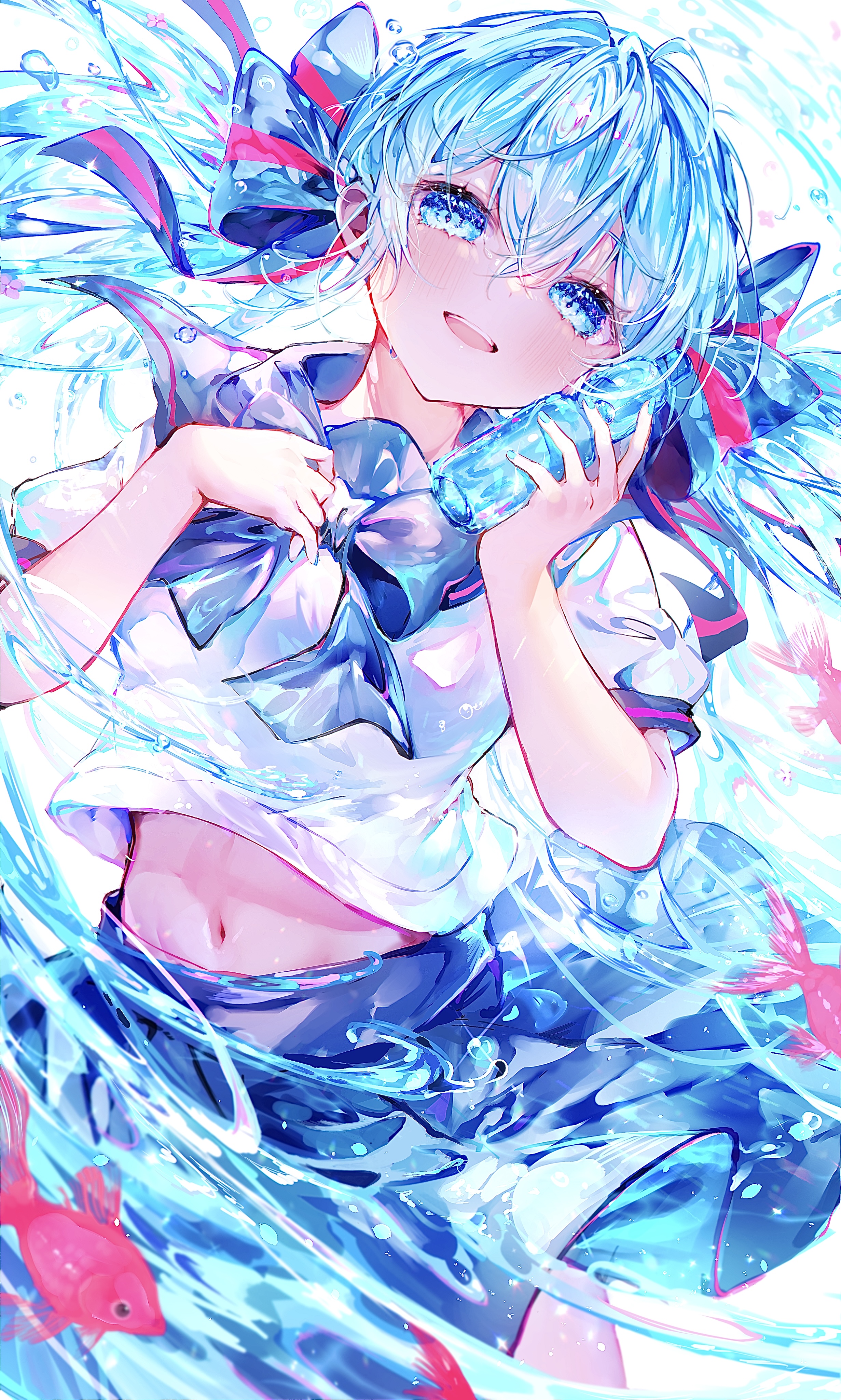 Anime 2462x4096 anime anime girls Pixiv colorful Vocaloid Hatsune Miku blue hair blue eyes smiling fish animals looking at viewer long hair twintails portrait display schoolgirl school uniform bow tie blushing belly button water water drops