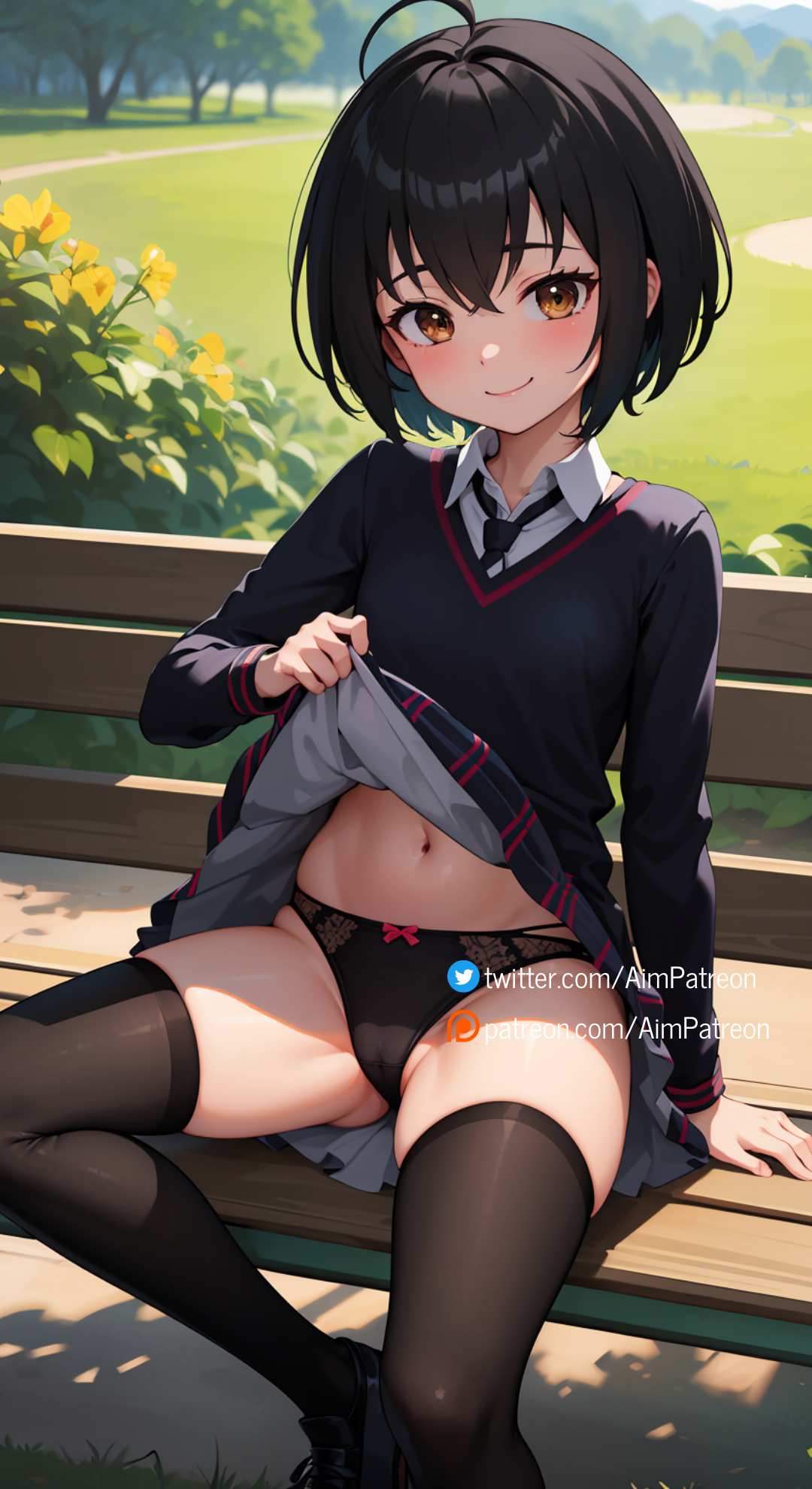 Anime 1080x1980 Peni Parker Spider-Man: Into the Spider-Verse anime girls belly underwear loli looking at viewer park school uniform AI art cameltoe panties stockings flashing lifting skirt sitting watermarked smiling short hair schoolgirl leaves flowers trees grass sunlight blushing