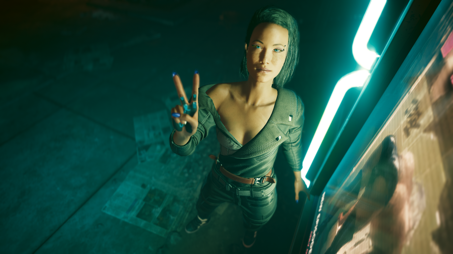 General 1920x1080 female version neon CD Projekt RED peace sign Cyberpunk 2077 CGI video game characters video game art standing video games short hair looking at viewer