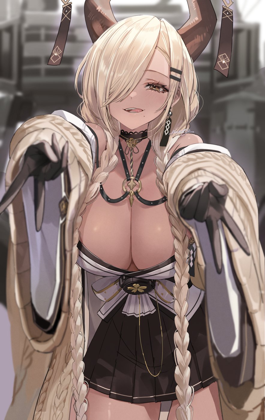 Anime 884x1400 anime girls huge breasts portrait display horns cleavage looking at viewer hair over one eye braids peace sign dark skin moles mole under mouth tongue out earring blonde yellow eyes Owari (Azur Lane) skirt Azur Lane long hair
