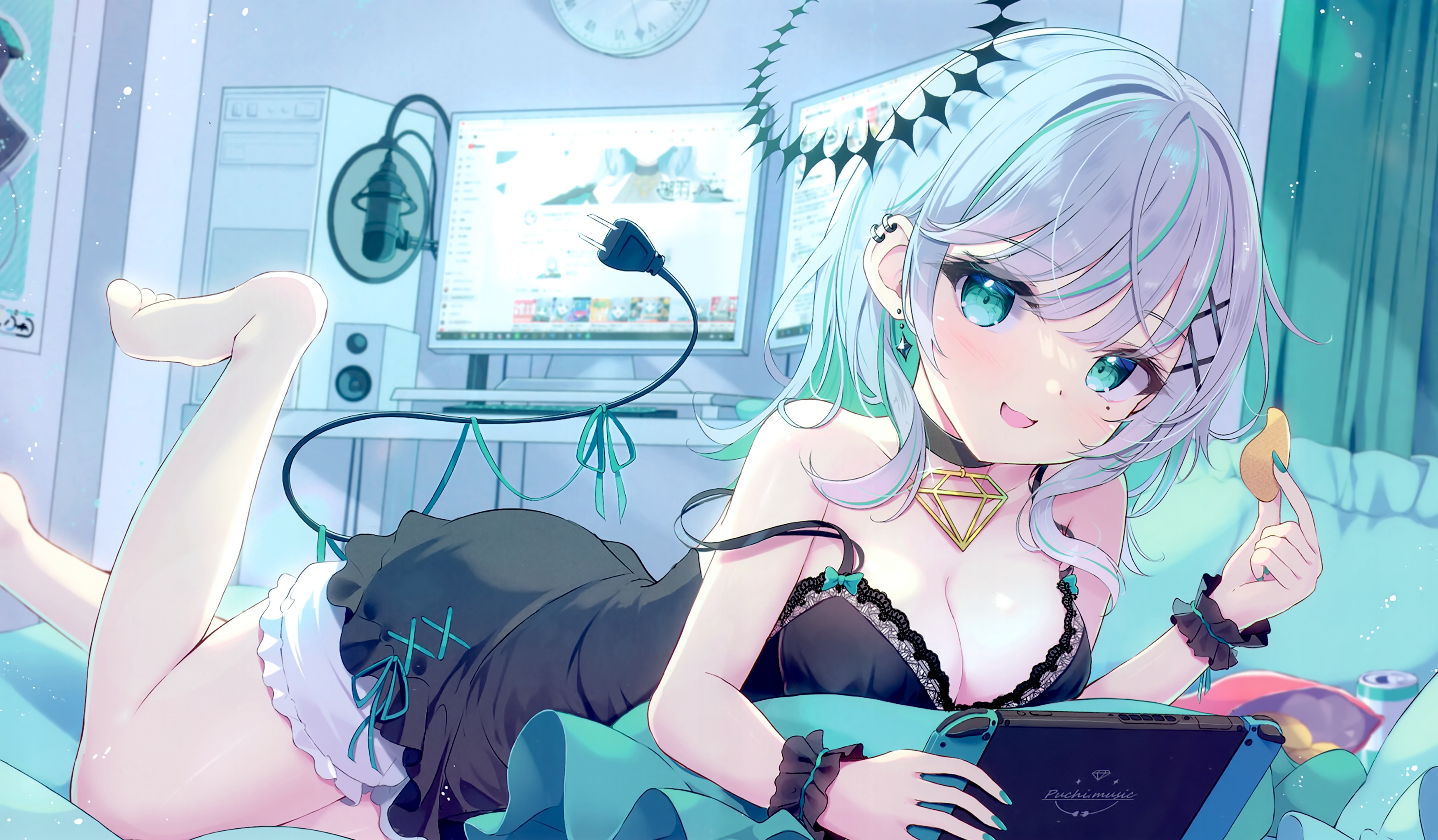 Anime 4197x2453 anime anime girls moles mole under eye Nintendo Switch chips cleavage big boobs lying down earring ear piercing computer technology wires choker can microphone blue eyes two tone hair short hair feet in the air bright lying on front Mikaze Oto
