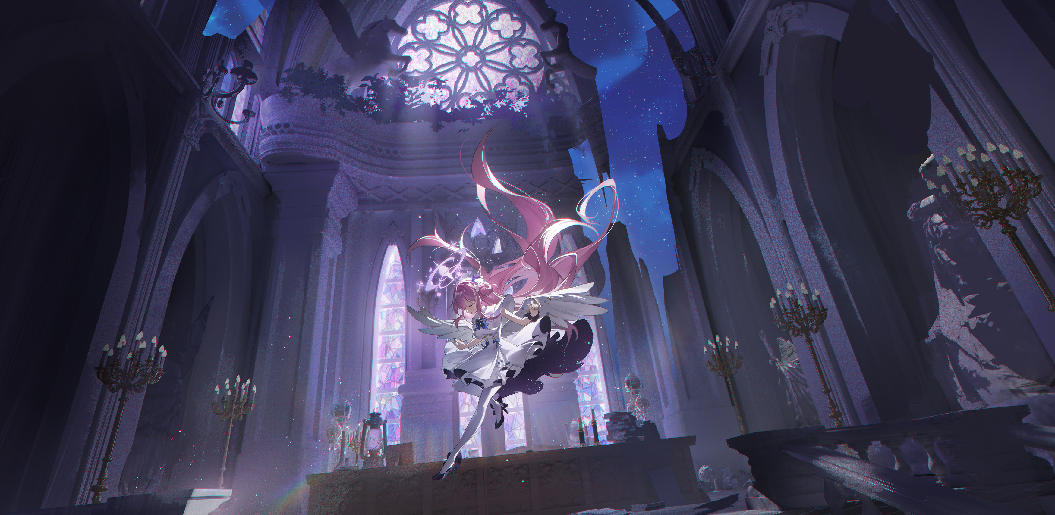 Anime 3500x1710 anime anime girls Blue Archive Misono Mika long hair pink hair closed eyes falling heels cathedral stained glass glass sky night stars candles interior hairbun