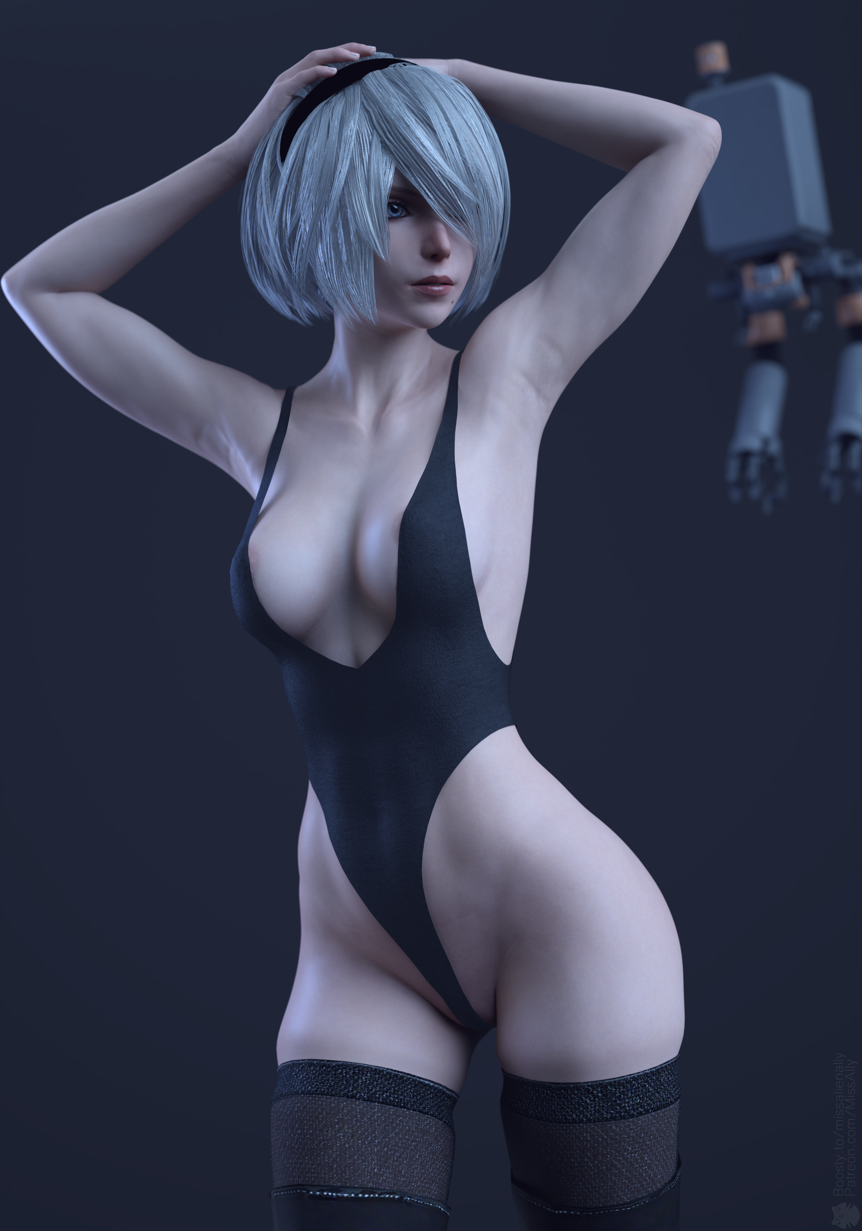 General 2800x4000 2B (Nier: Automata) Nier: Automata video games video game girls video game characters CGI digital art fan art Miss Ally portrait display armpits stockings standing short hair looking away minimalism simple background hair over one eye robot watermarked