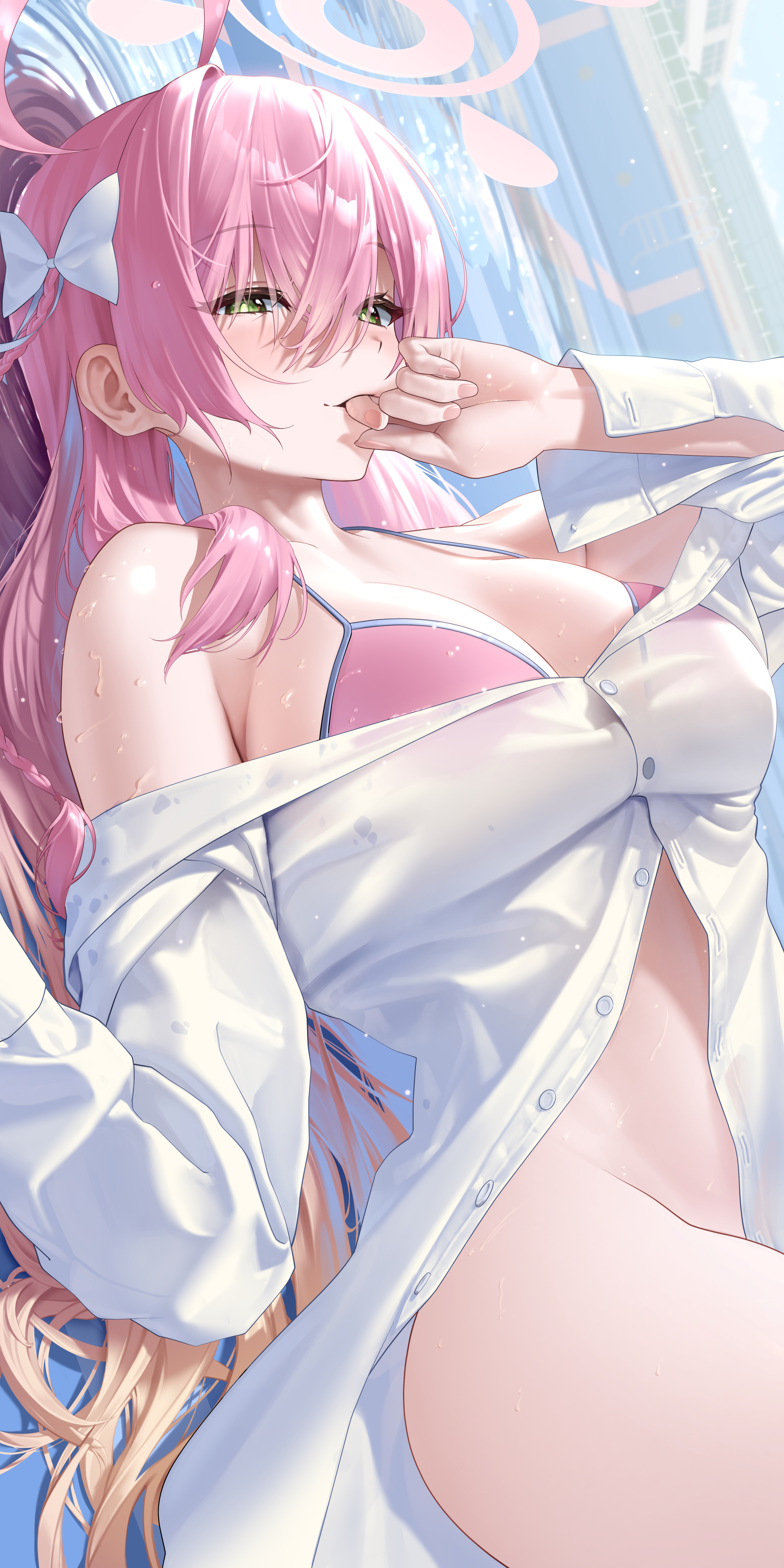 Anime 1800x3600 anime anime girls Hanako (Blue Archive) Blue Archive pink hair green eyes portrait display looking at viewer bikini thighs big boobs wet wet body water long hair hair bows lying down lying on back biting finger