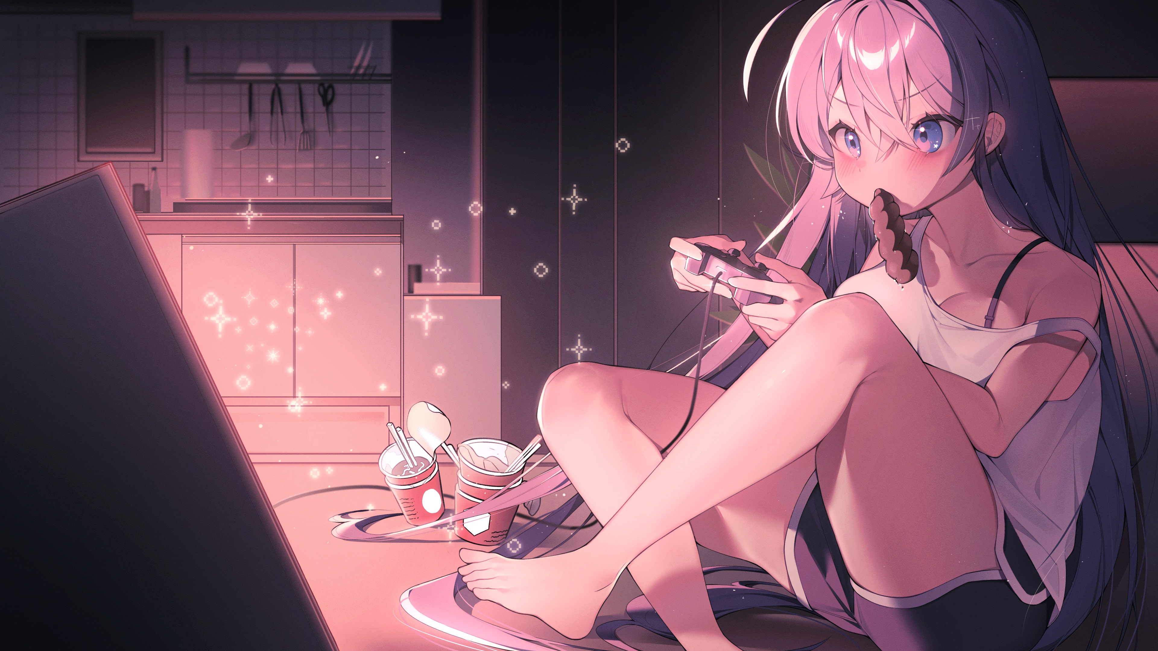 Anime 3840x2160 anime anime girls sitting controllers video games long hair shorts eating cup anime girls eating blushing feet interior scissors food