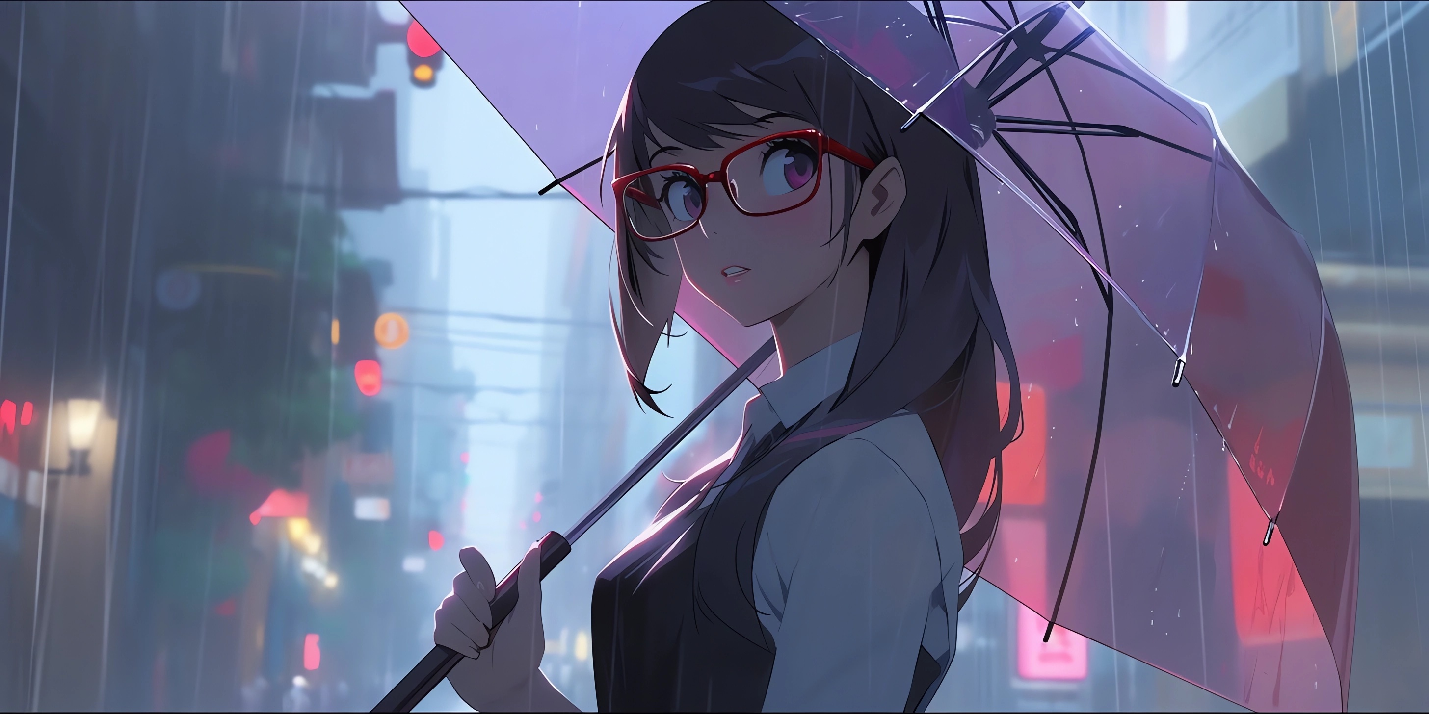 Anime 2912x1456 anime anime girls umbrella rain schoolgirl school uniform glasses looking at viewer long hair lights wet blurred blurry background AI art