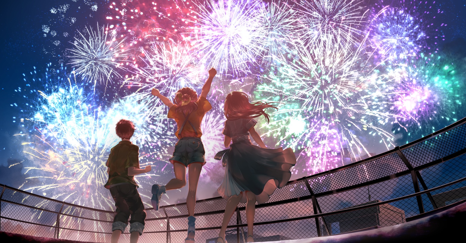 Anime 1536x802 anime anime girls fireworks sky fence jumping arms up hair blowing in the wind night anime boys