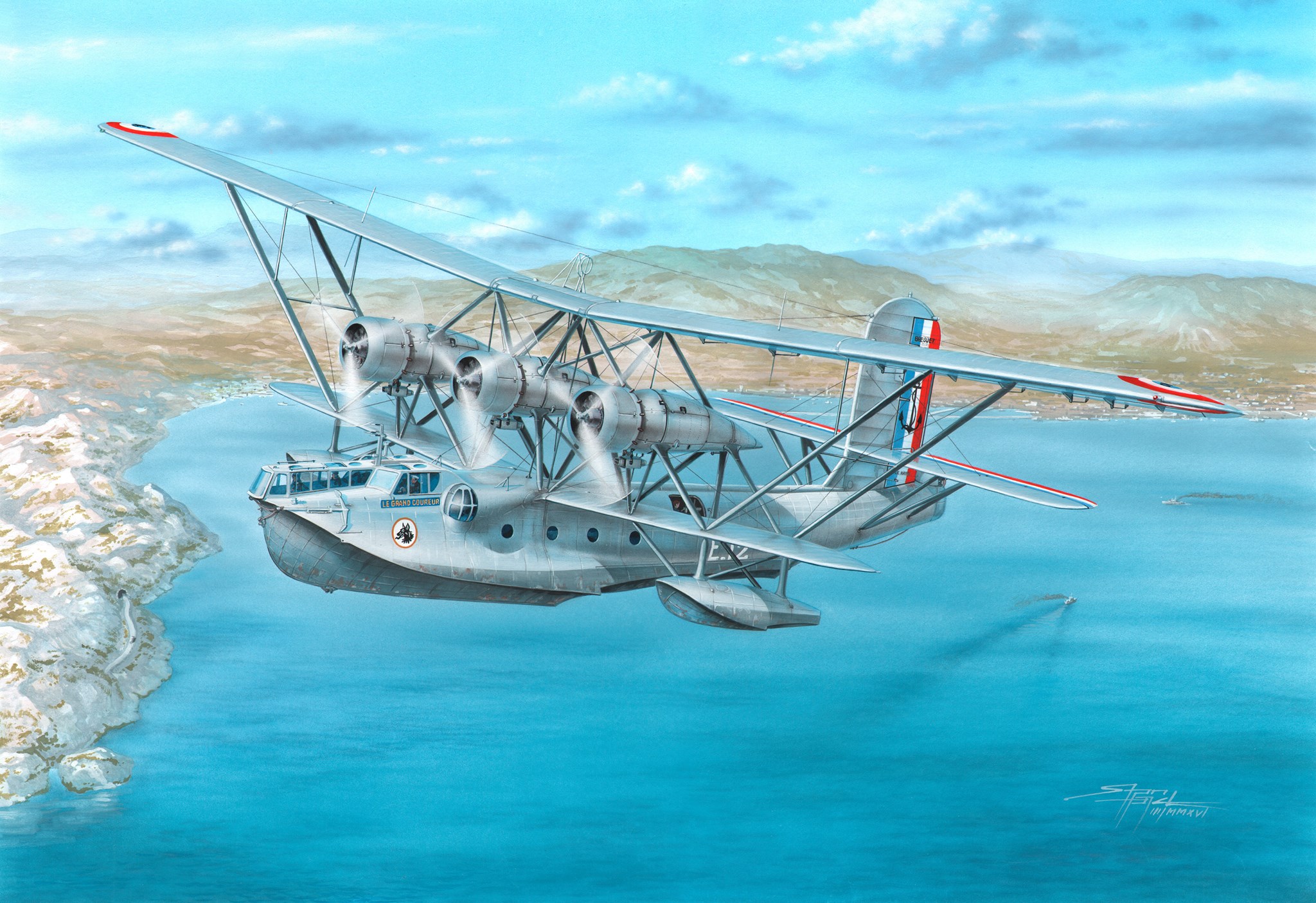 General 2048x1405 aircraft military army sea sky flying military vehicle clouds water signature artwork Flying boat Stan Hajek French navy