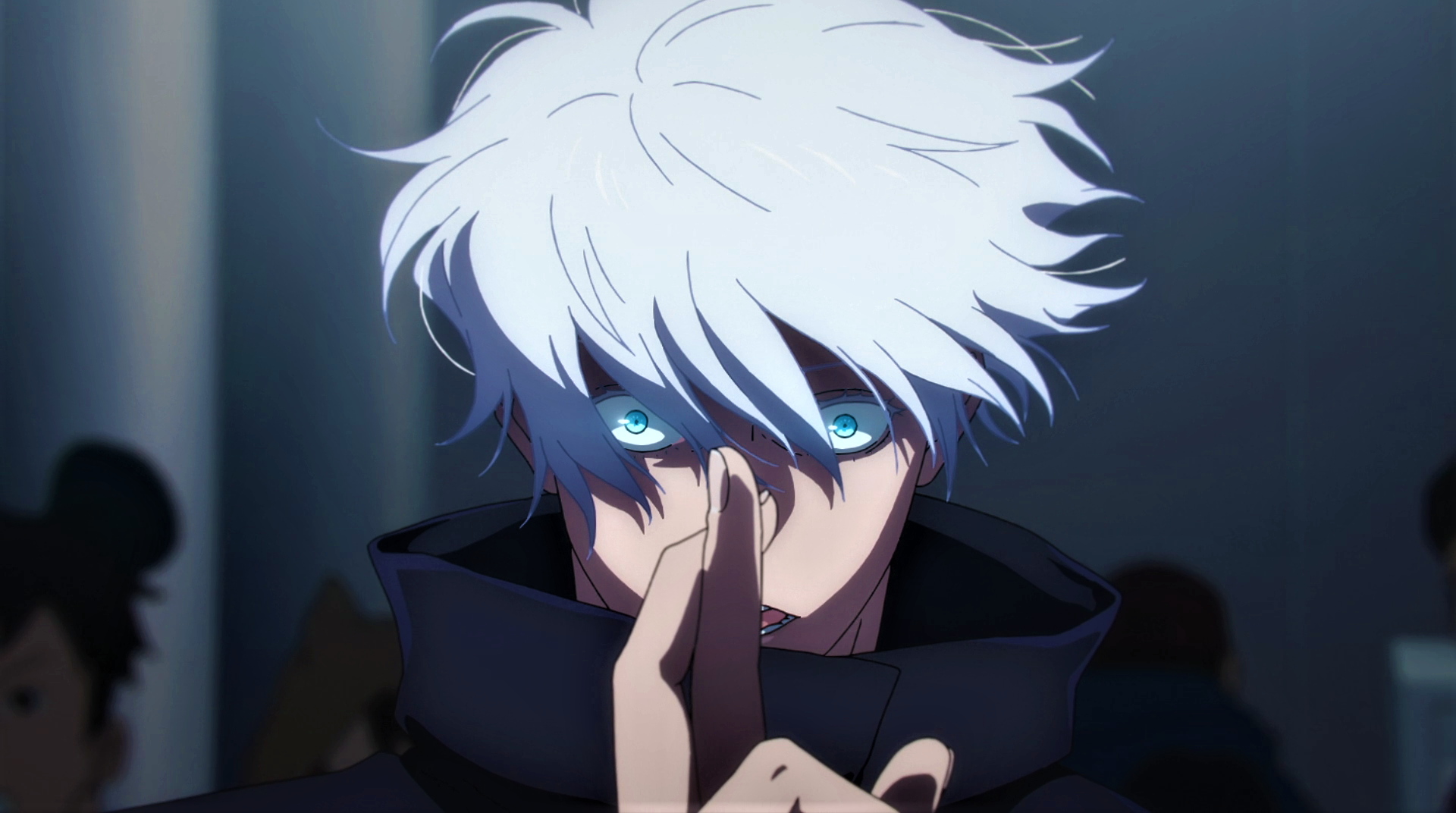 Anime 1920x1072 Jujutsu Kaisen Satoru Gojo hands blue eyes glowing eyes white hair anime Anime screenshot anime boys