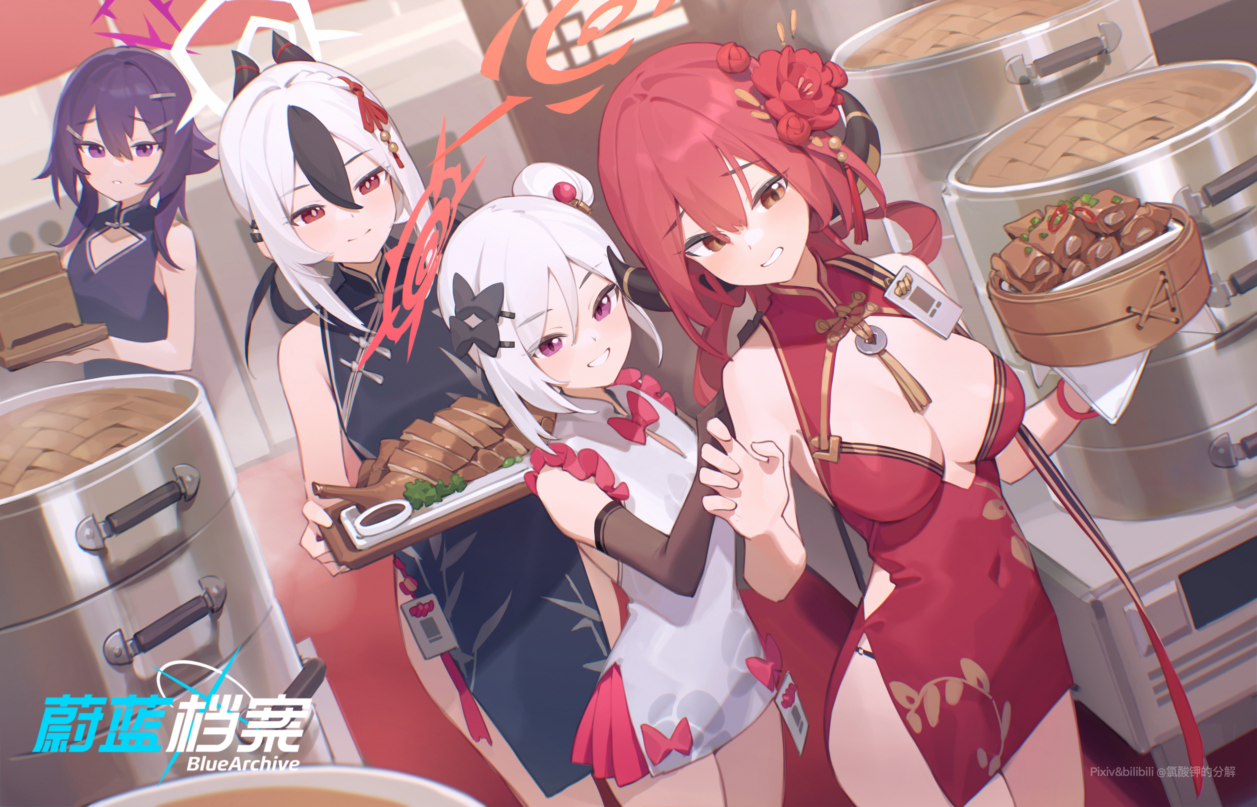Anime 4360x2800 anime anime girls Blue Archive chinese dress Aru Rikuhachima (Blue Archive) Asagi Mutsuki (Blue Archive) Onikata Kayoko(Blue Archive) Igusa Haruka(Blue Archive) boobs elbow gloves smiling flower in hair hair bows horns two tone hair standing watermarked long hair thighs food