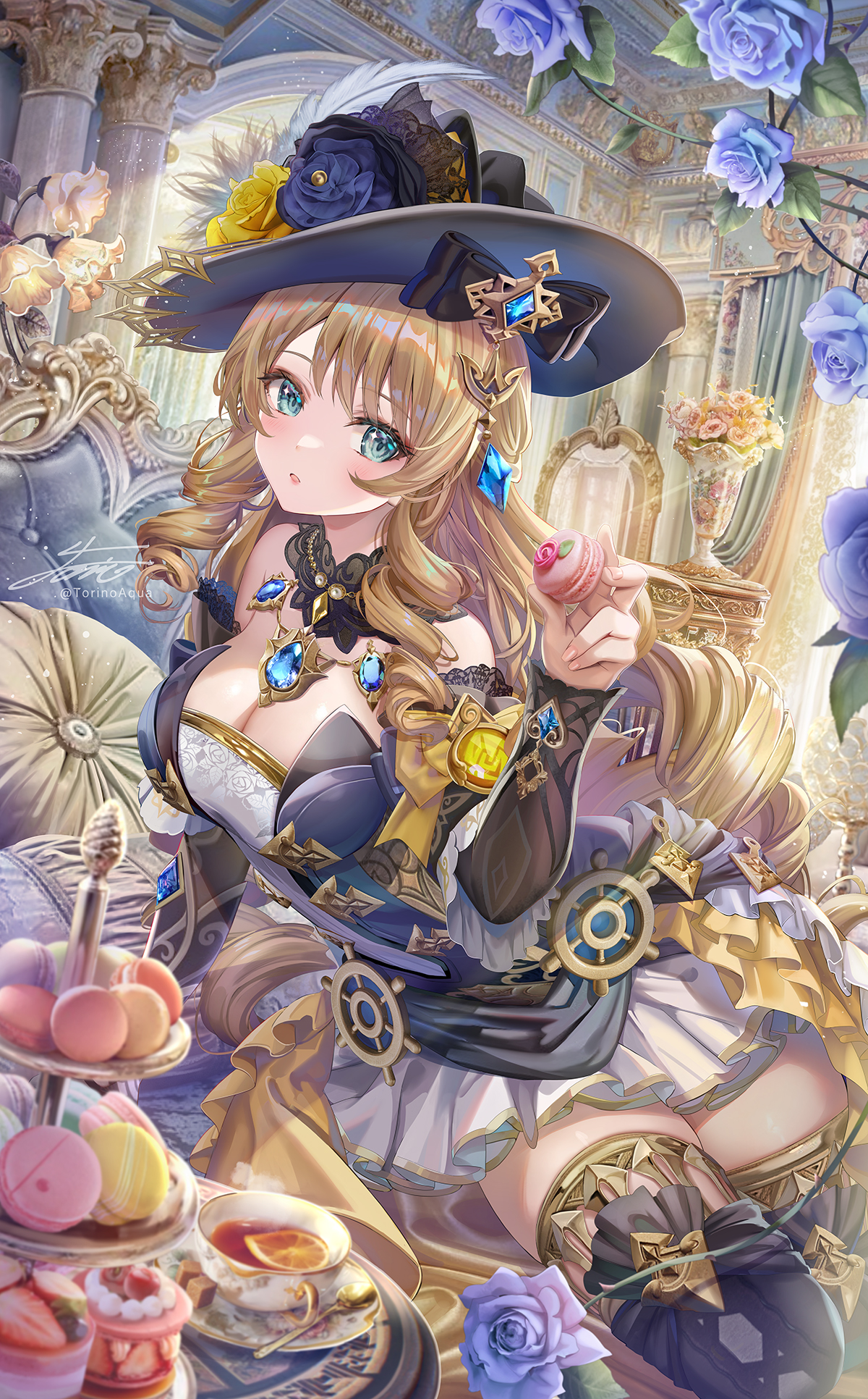 Anime 1200x1932 anime anime girls Navia (Genshin Impact) Genshin Impact hat long hair dress macarons sweets looking at viewer sunlight signature watermarked cleavage big boobs Torino Akua sitting women with hats flowers detached sleeves plates drink cup spoon cake thighs couch stockings skirt frills open mouth gemstones mirror portrait display