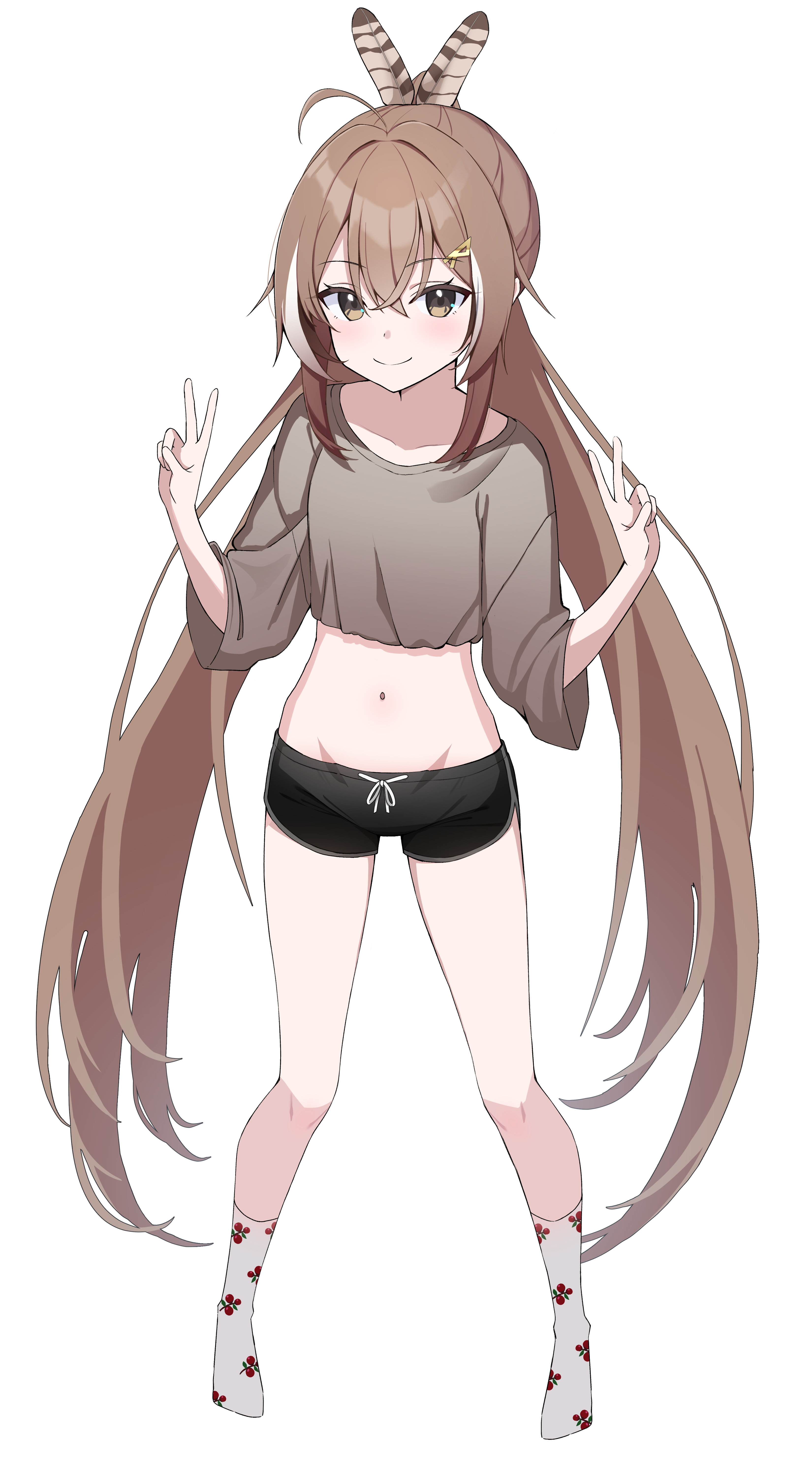 Anime 3300x6000 anime anime girls digital art artwork 2D Pixiv petite looking at viewer belly belly button bare midriff brunette portrait Nanashi Mumei Hololive English Hololive Virtual Youtuber standing long hair brown eyes smiling short shorts peace sign portrait display