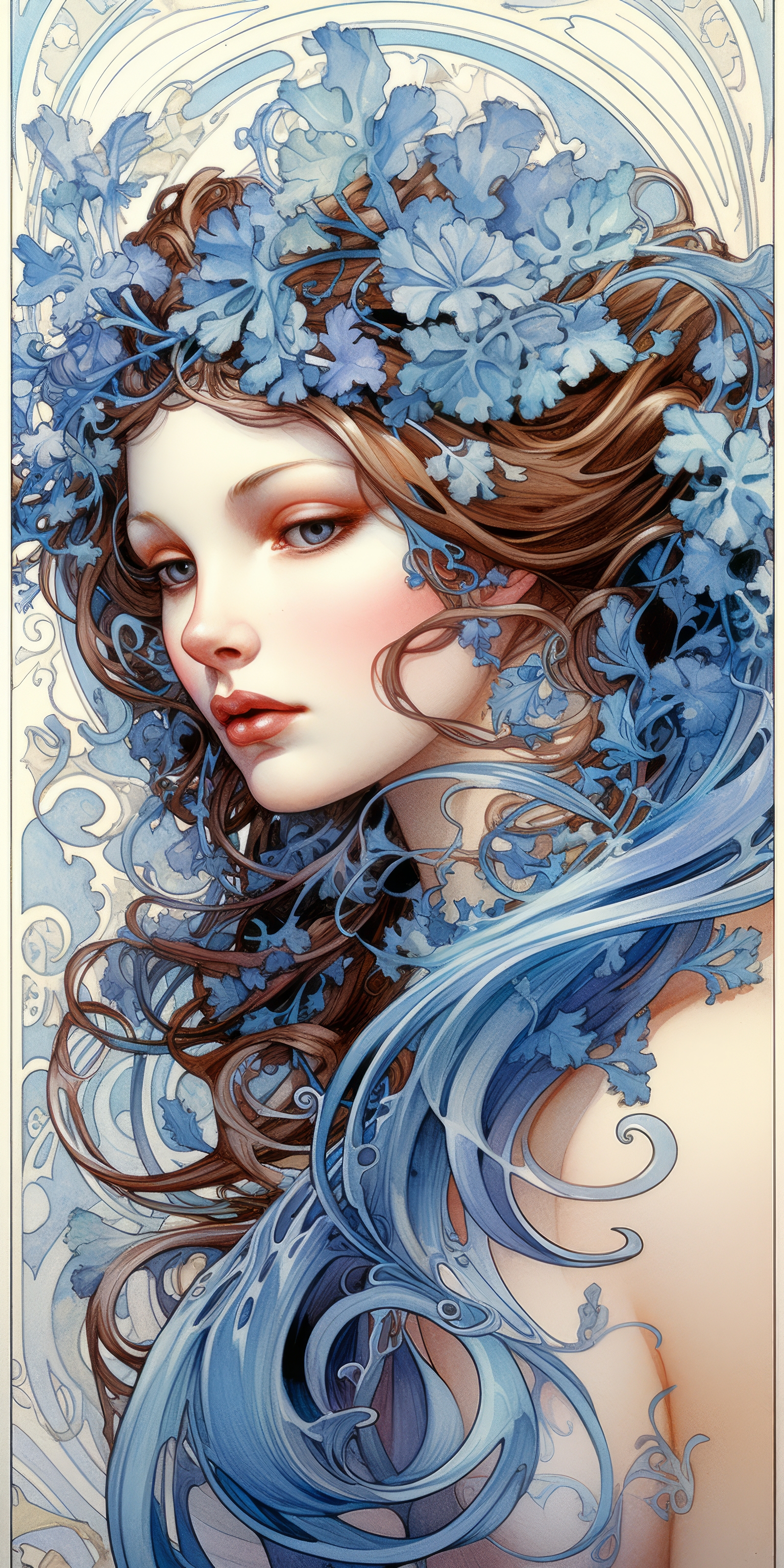 General 1536x3072 AI art women artwork Alphonse Mucha portrait display blue Art Nouveau digital art flower in hair long hair brunette blue eyes
