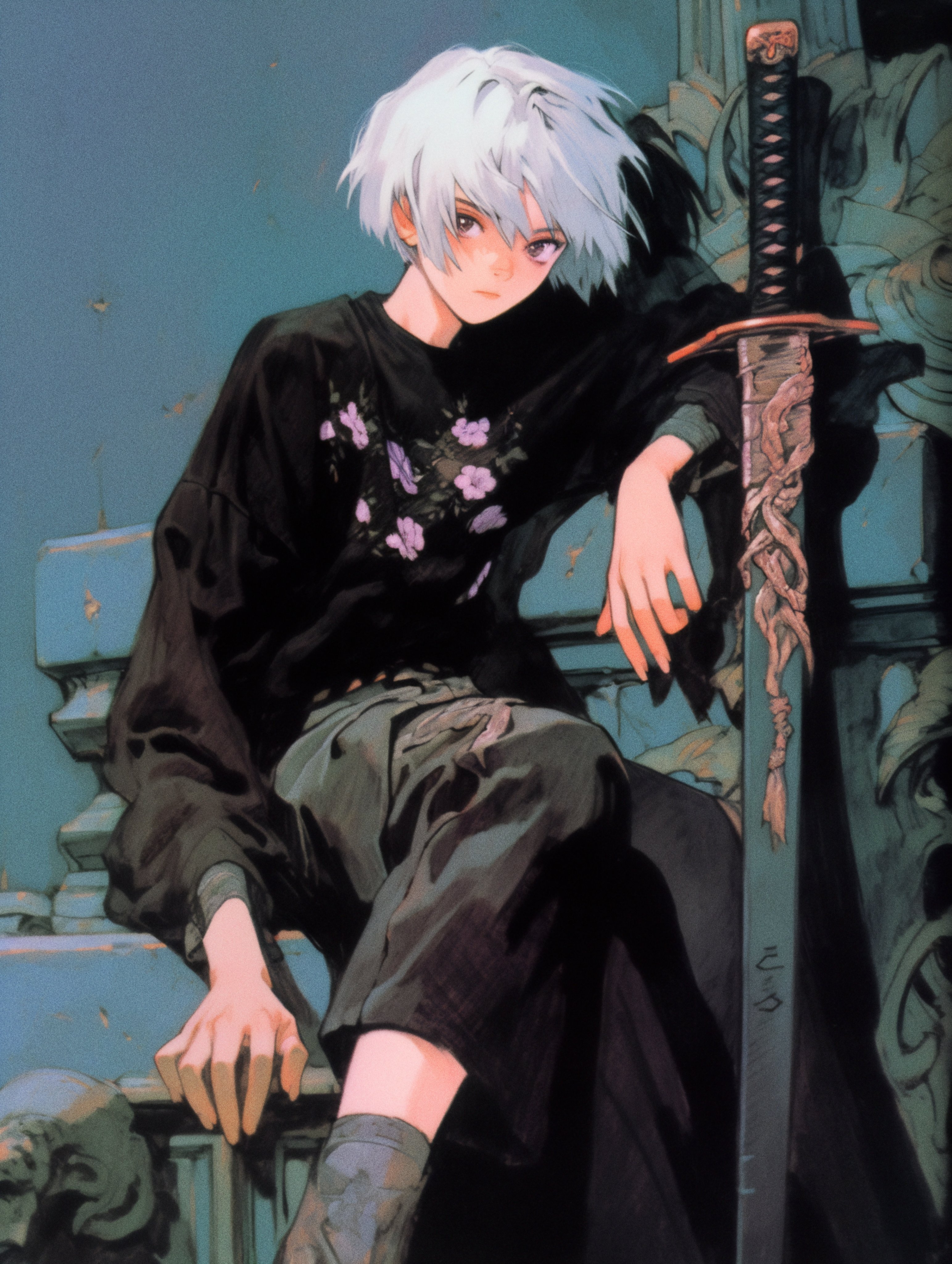 Anime 3086x4096 axynchro retro style portrait display sword weapon short hair looking at viewer sitting white hair AI art