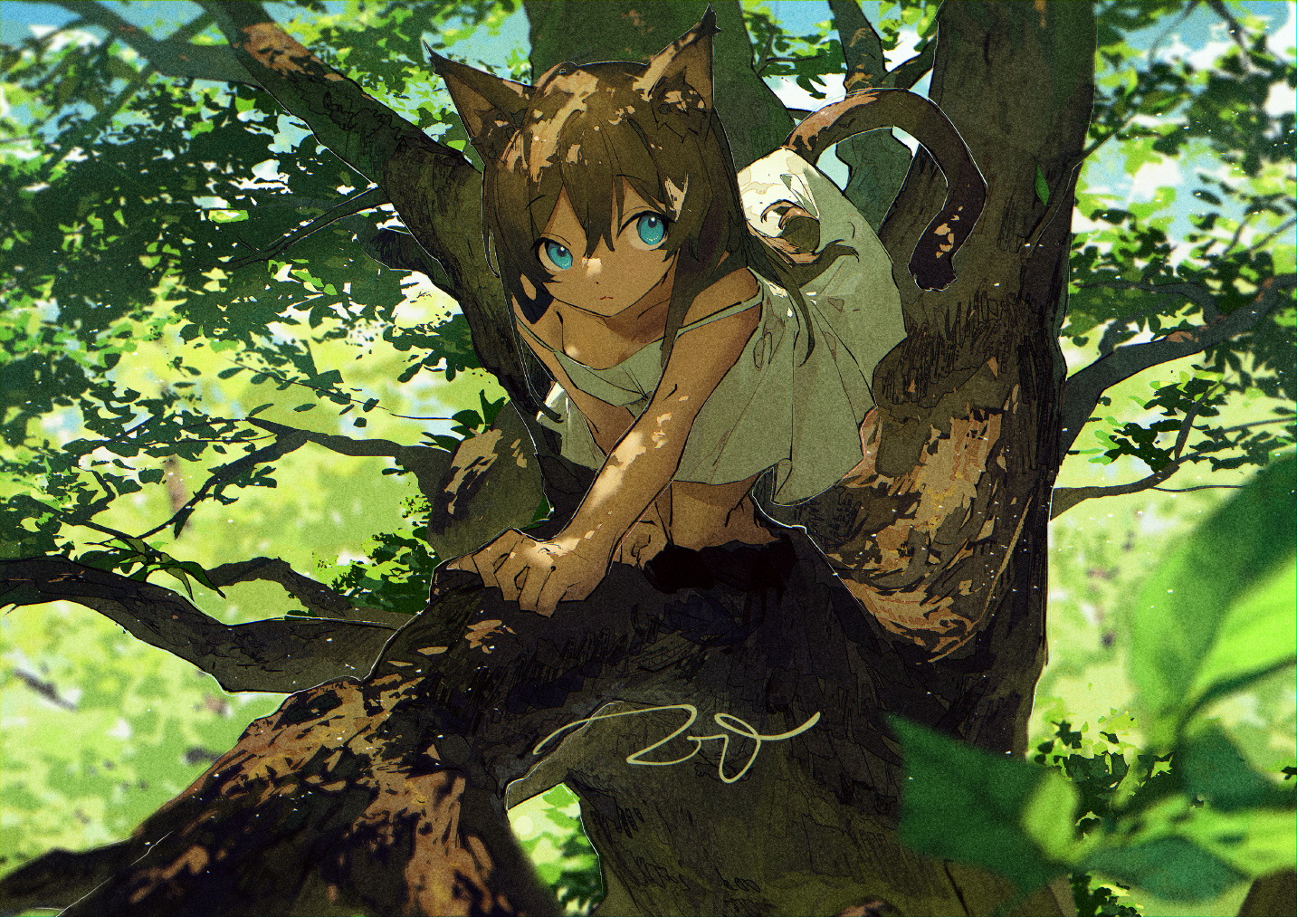 Anime 1433x1013 anime anime girls cat girl nature tree bark cat ears cat tail brunette blue eyes trees looking at viewer long hair branch leaves