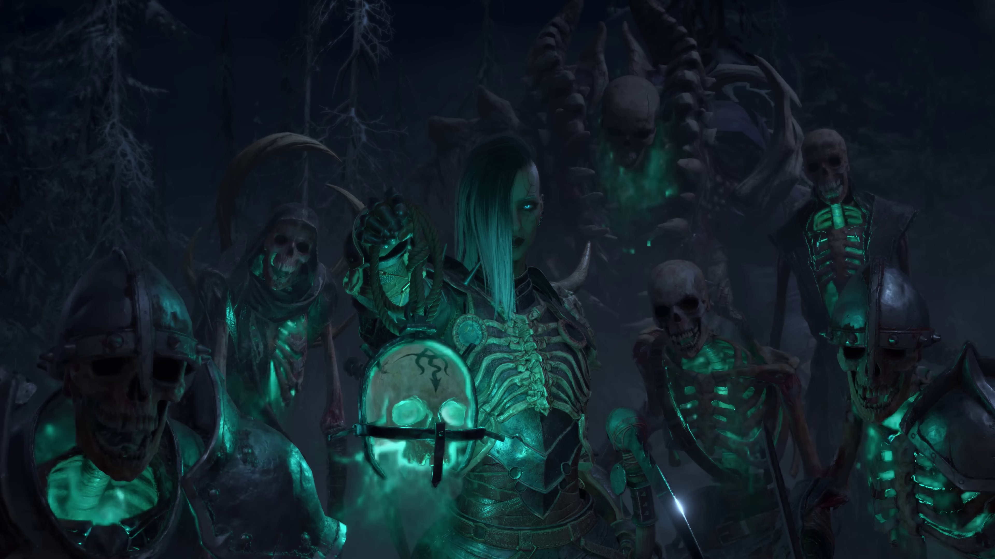 General 3840x2160 Diablo IV Necromancer Blizzard Entertainment video games hair over one eye looking at viewer skeleton armor digital art
