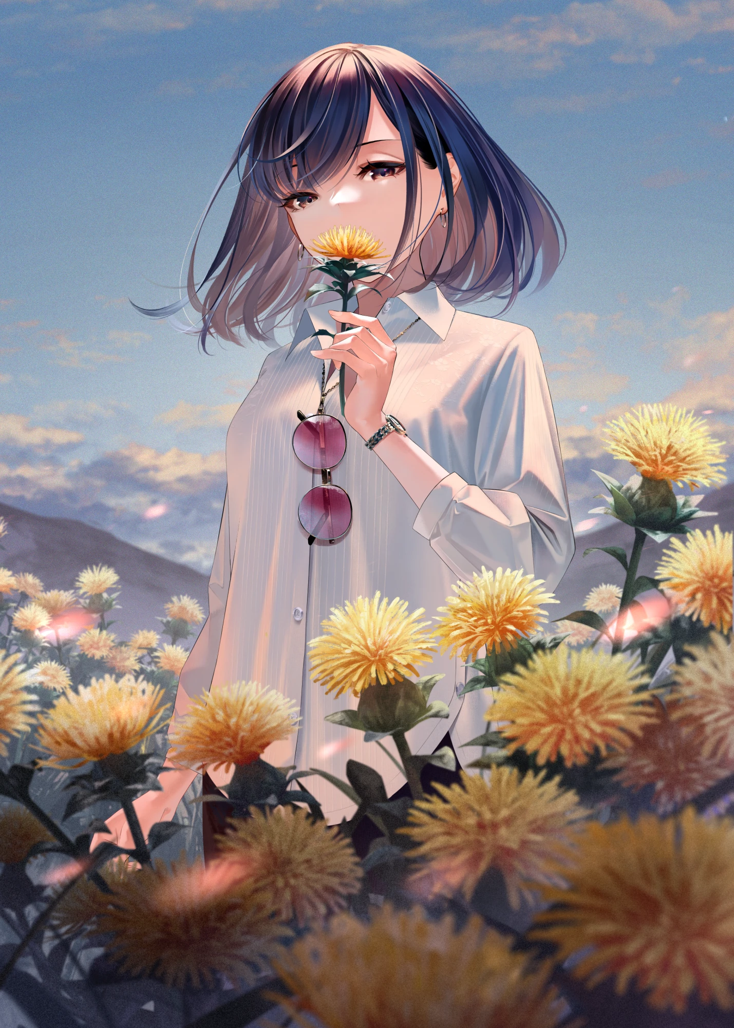 Anime 1429x2000 anime anime girls flowers short hair looking at viewer clouds portrait display sunglasses
