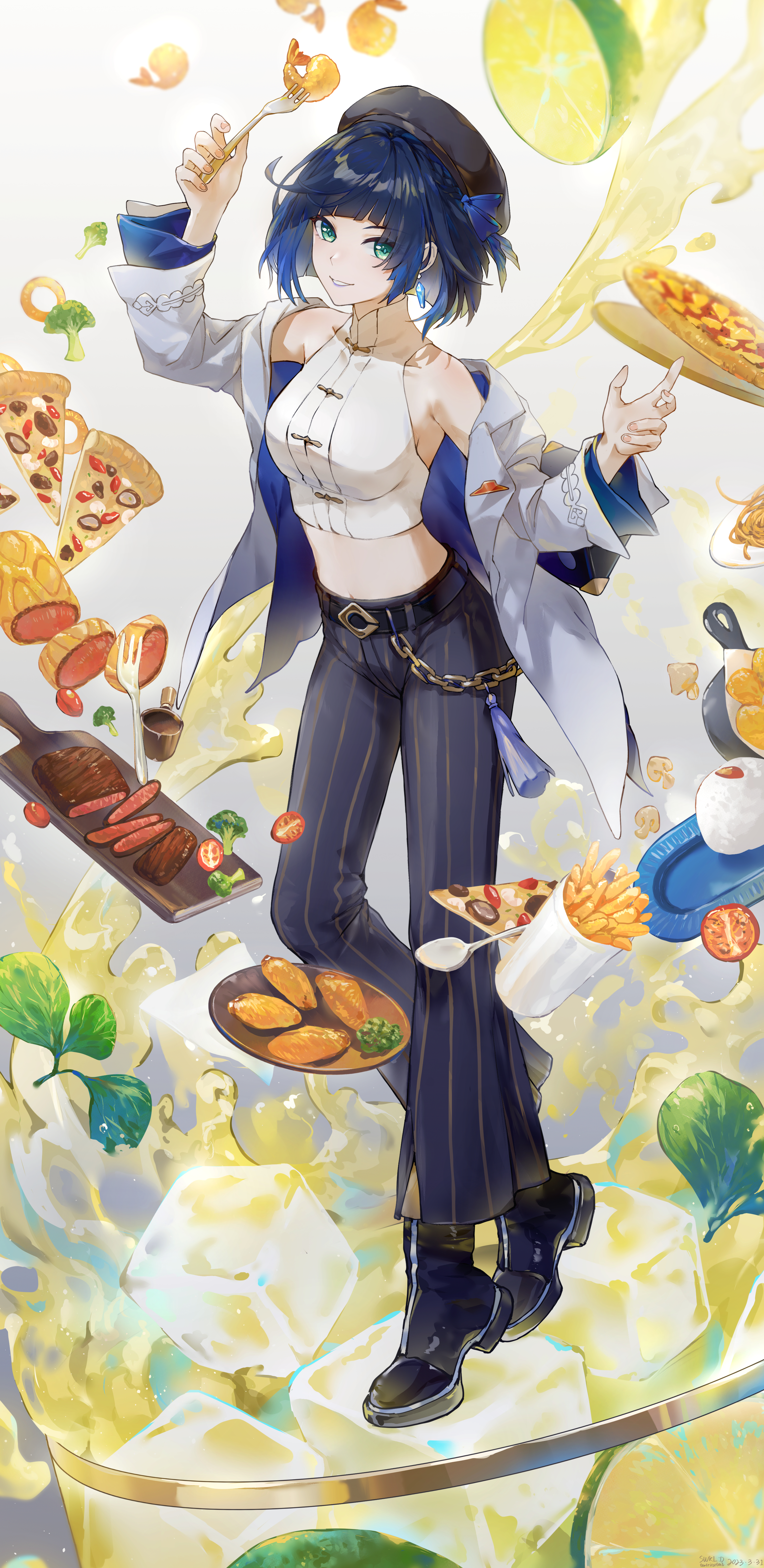 Anime 2797x5741 anime girls Genshin Impact Yelan (Genshin Impact) portrait display food pizza fries ice cubes leaves looking at viewer short hair earring smiling broccoli fork meat tomatoes mushroom noodles shrimp hat