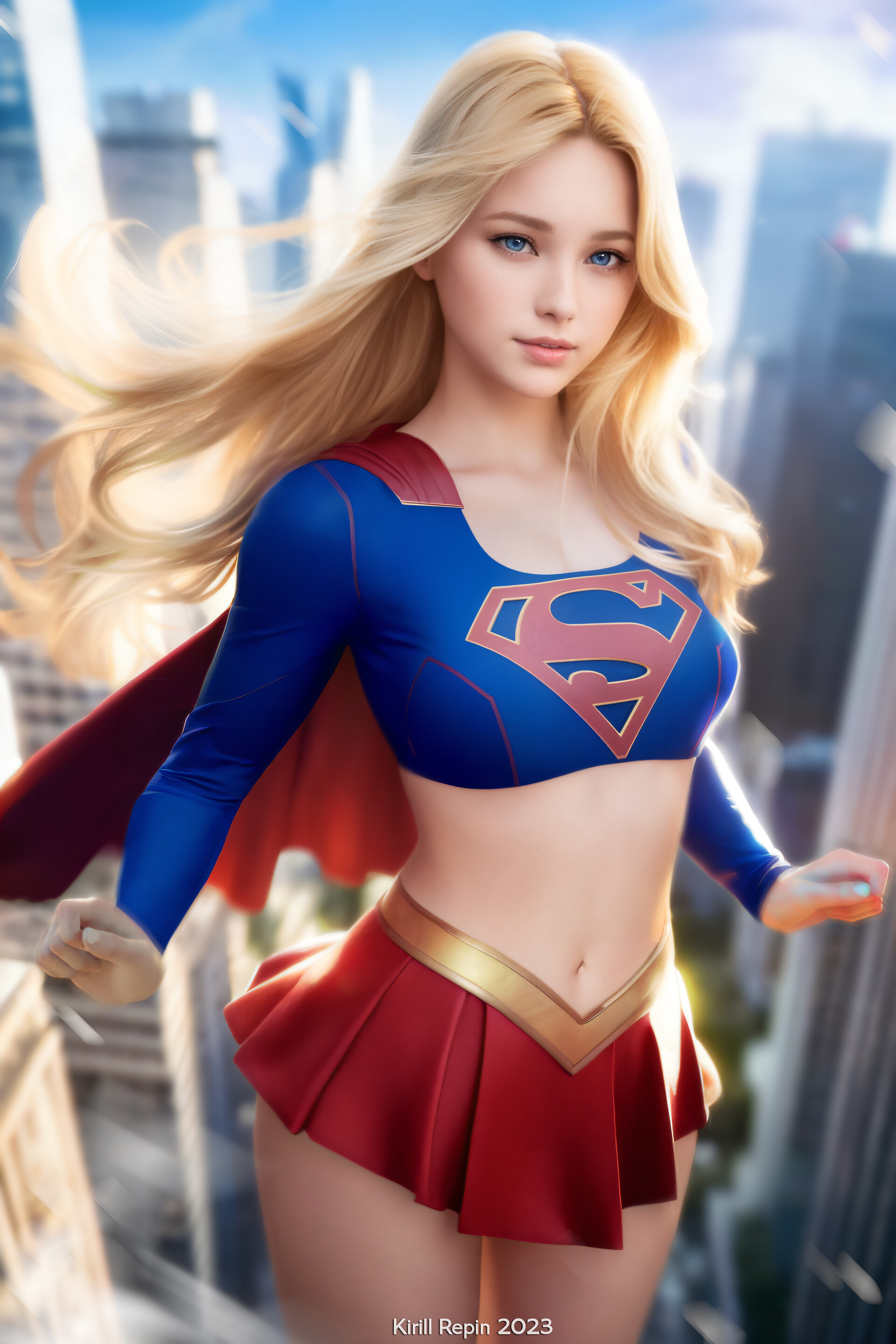 General 1920x2880 Kirill Repin drawing women Supergirl flying blonde skirt skyscraper cape portrait display superheroines looking at viewer belly thighs belly button AI art
