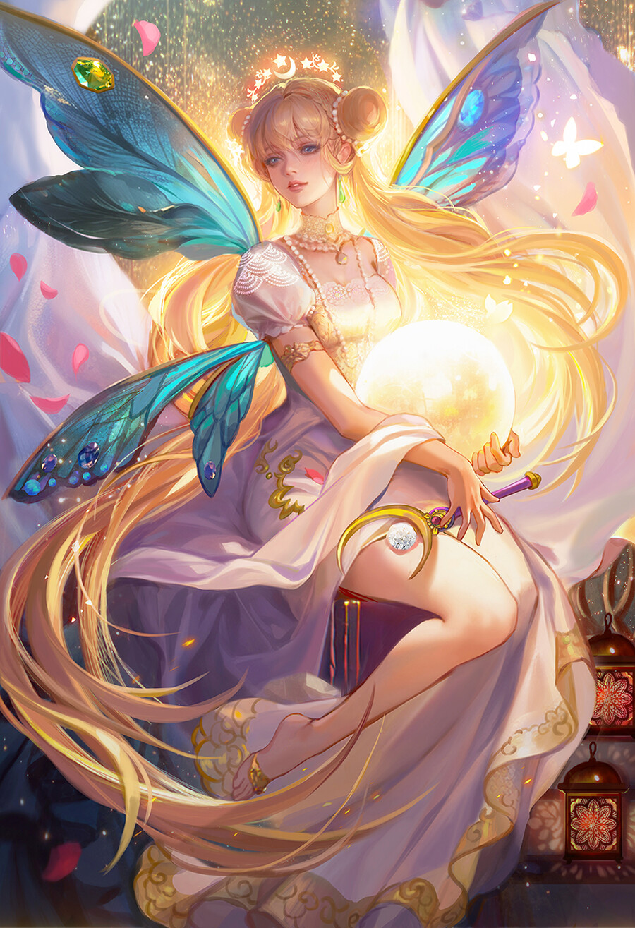General 900x1315 Fan Yang drawing women blonde wings blue fantasy art wands portrait display fantasy girl butterfly wings twintails hairbun long hair