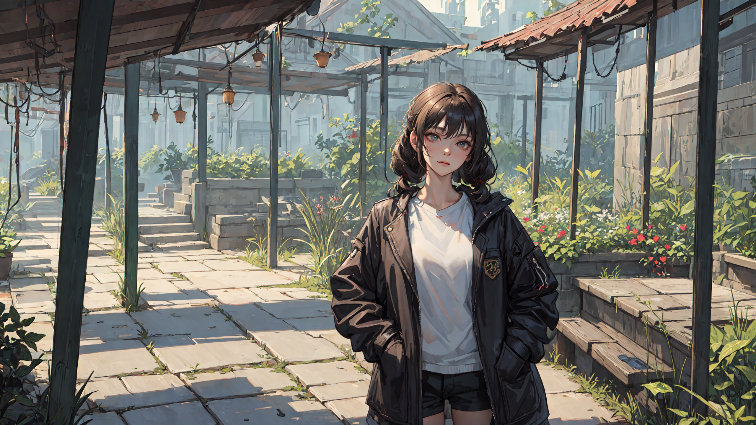 Anime 2560x1440 AI art women garden plants flowers leaves black hair twintails blue eyes black coat anime girls hands in pockets looking at viewer