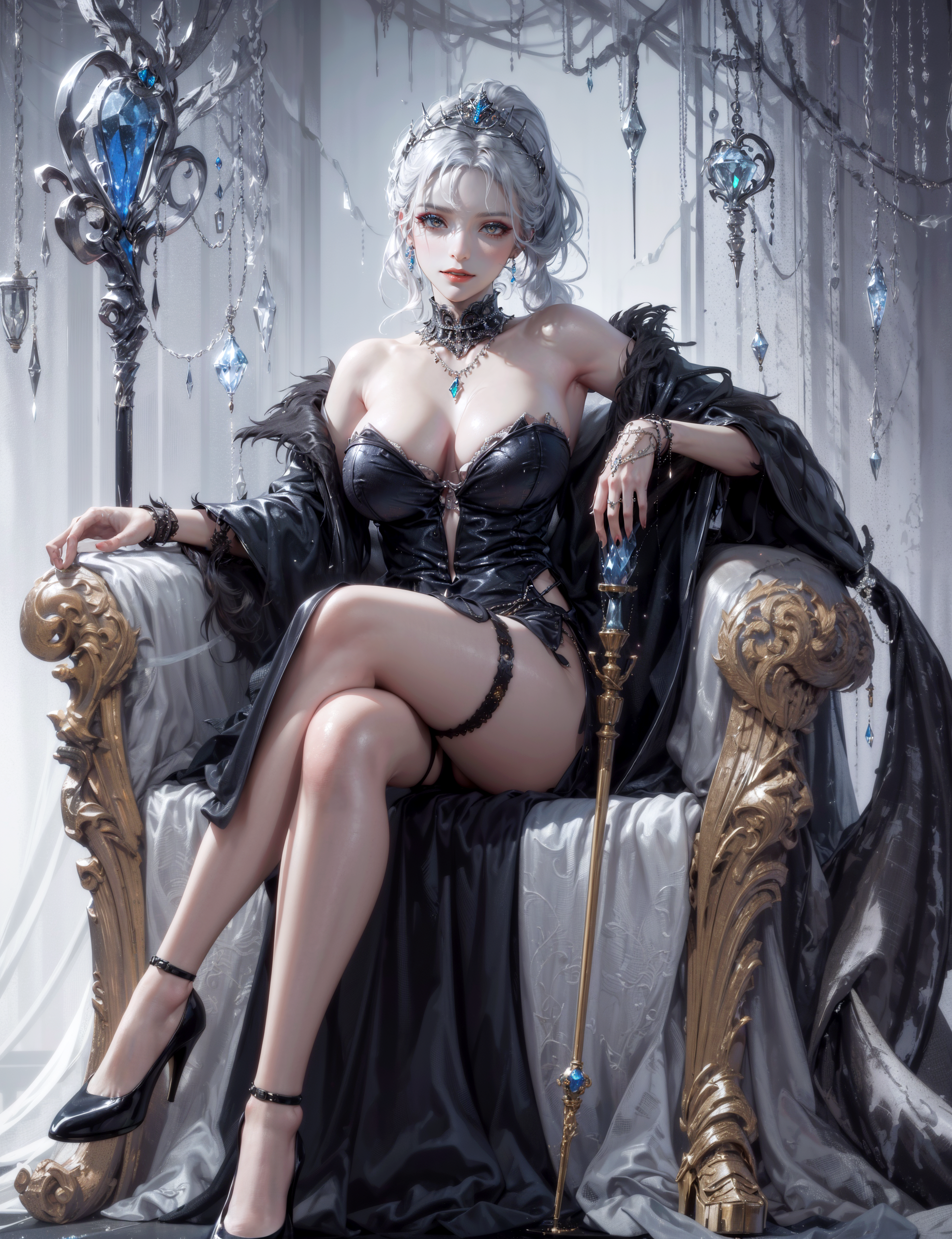 General 1968x2560 AI art Stable Diffusion digital art illustration women sitting white hair fantasy art fantasy girl legs crossed portrait display cleavage boobs looking at viewer necklace heels chair tiaras earring