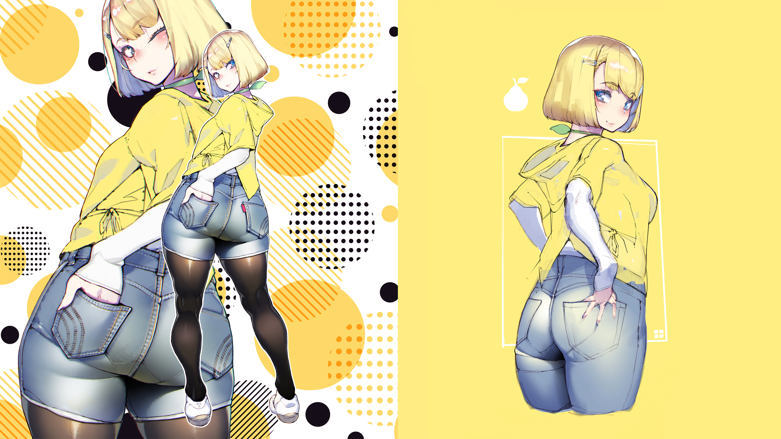 Anime 2560x1440 anime anime girls ass thick ass thighs thigh-highs thick thigh pantyhose black pantyhose black legwear jean shorts pantylines rear view blushing Namaniku ATK one eye closed hands in pockets smiling looking at viewer simple background minimalism blonde