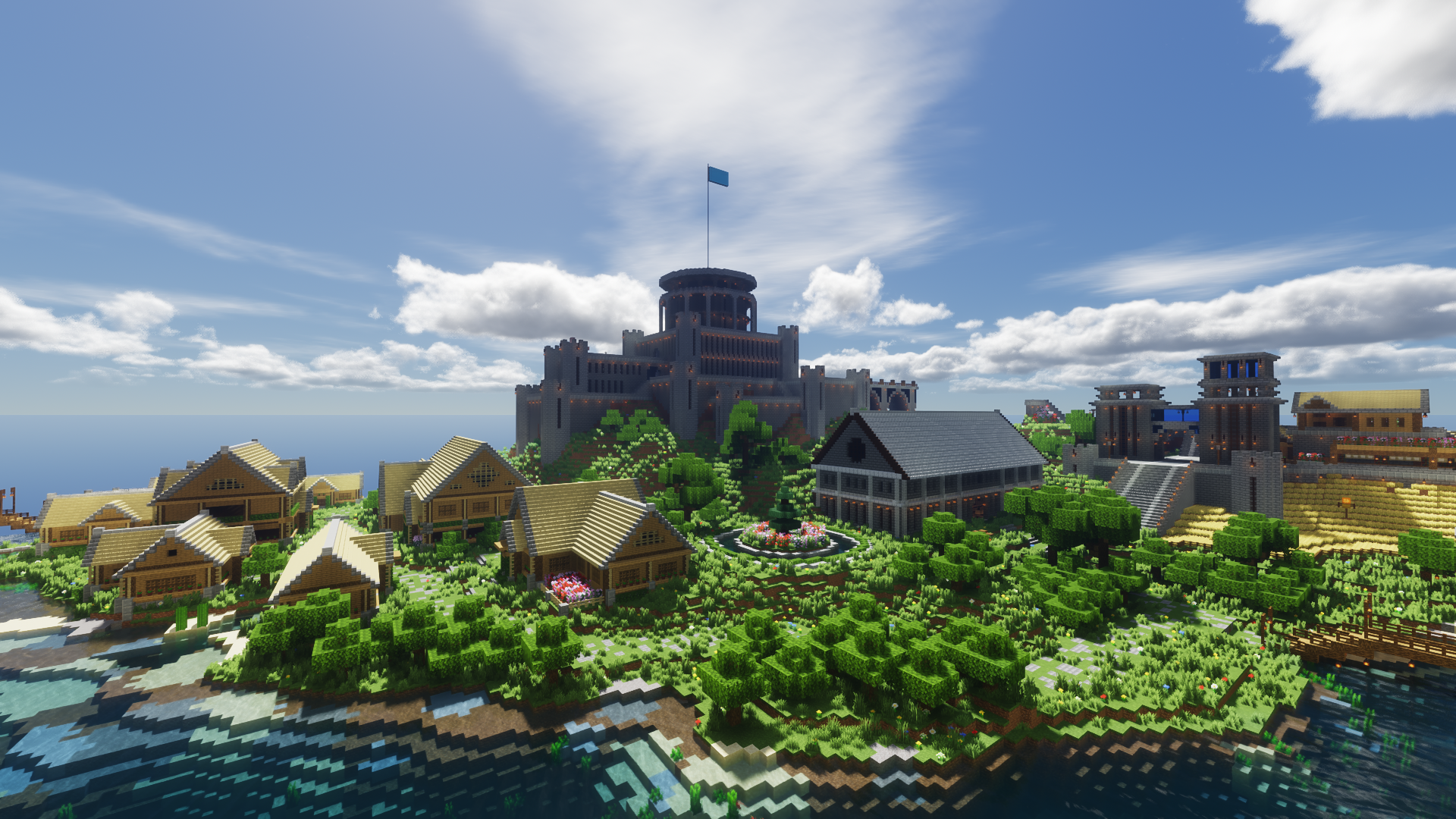 General 1920x1080 building Minecraft video games CGI clouds village castle flag water sky