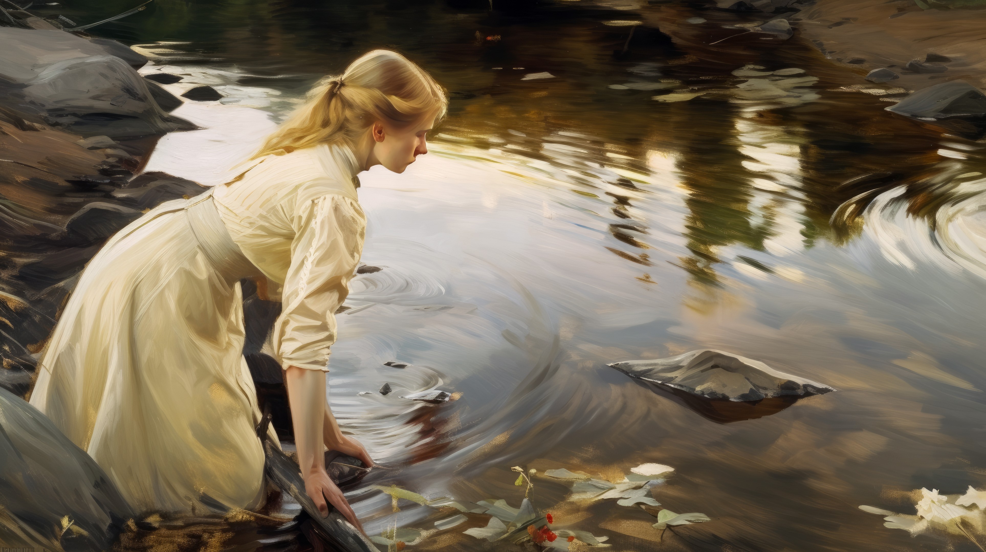 General 3854x2160 AI art women painting Anders Zorn river landscape water