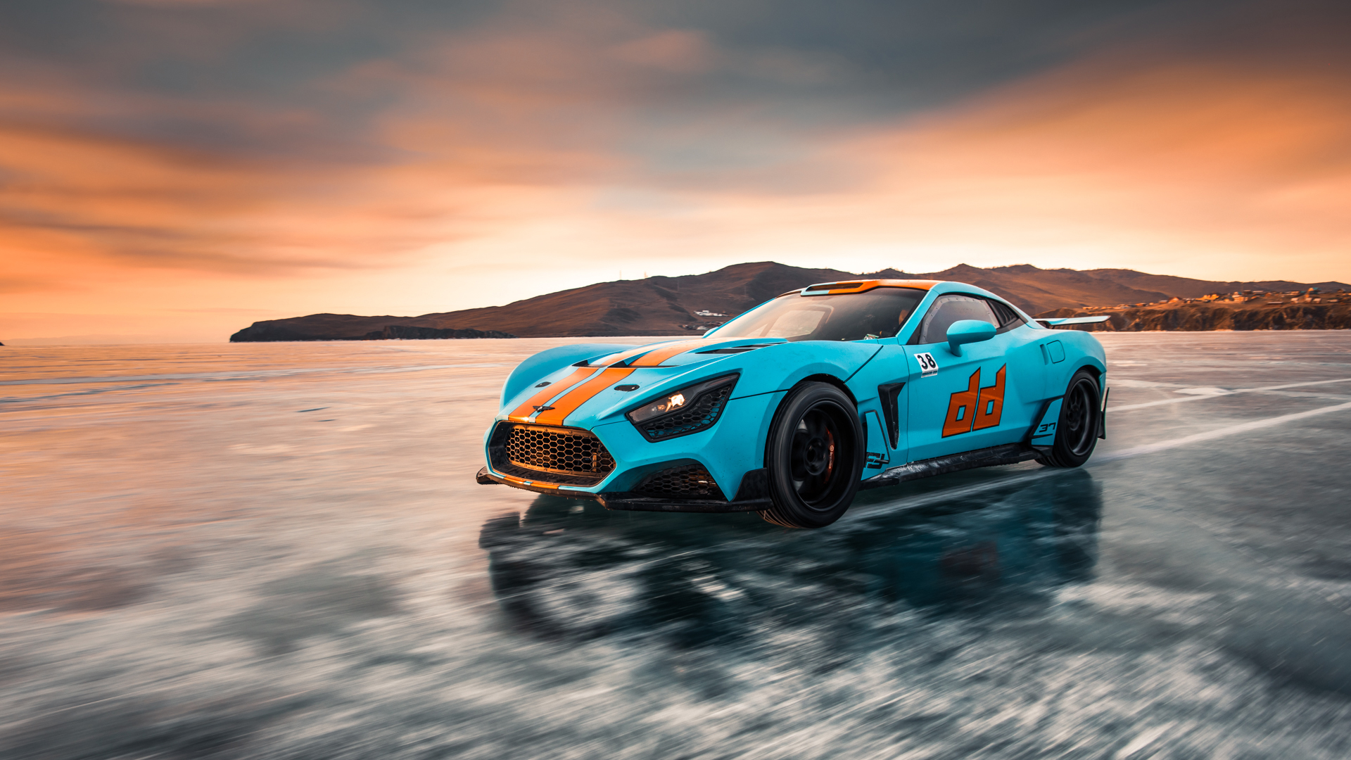 General 1920x1080 car drift cars Russian cars Lake Baikal ice sky Flanker F Russia frontal view sunset sunset glow clouds