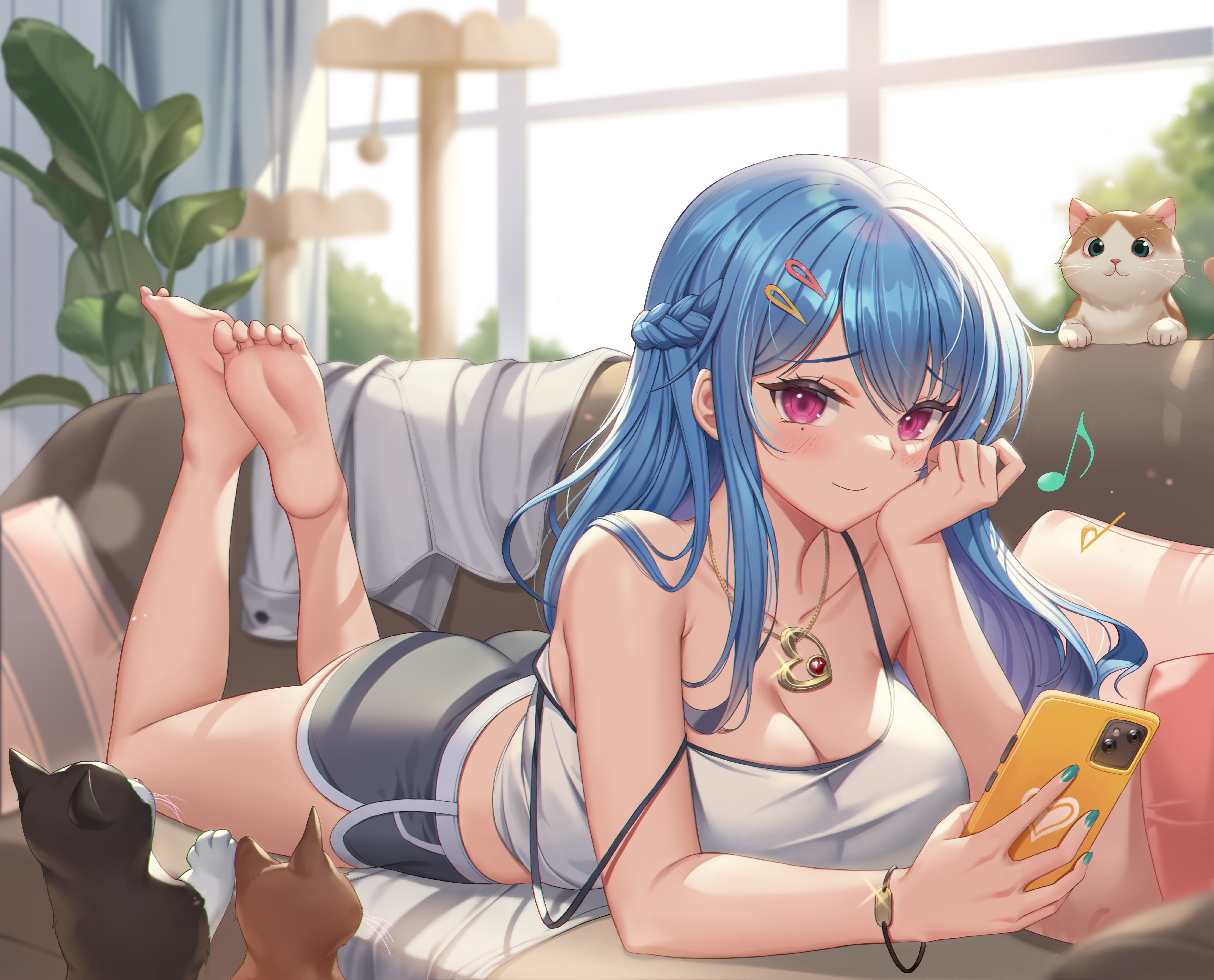 Anime 6500x5249 anime anime girls lying on front cleavage blue hair phone feet legs shorts purple eyes cats feet in the air big boobs