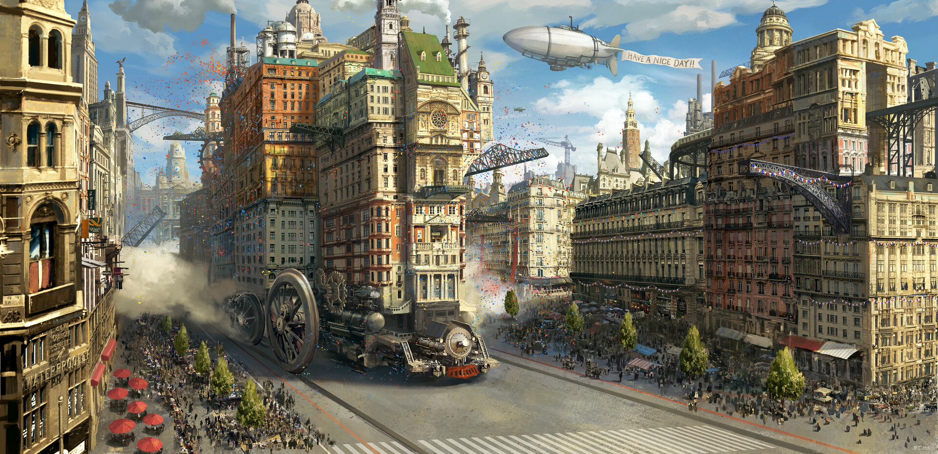 General 1920x930 SY-37 digital art landscape fantasy art steampunk cityscape fantasy city airships