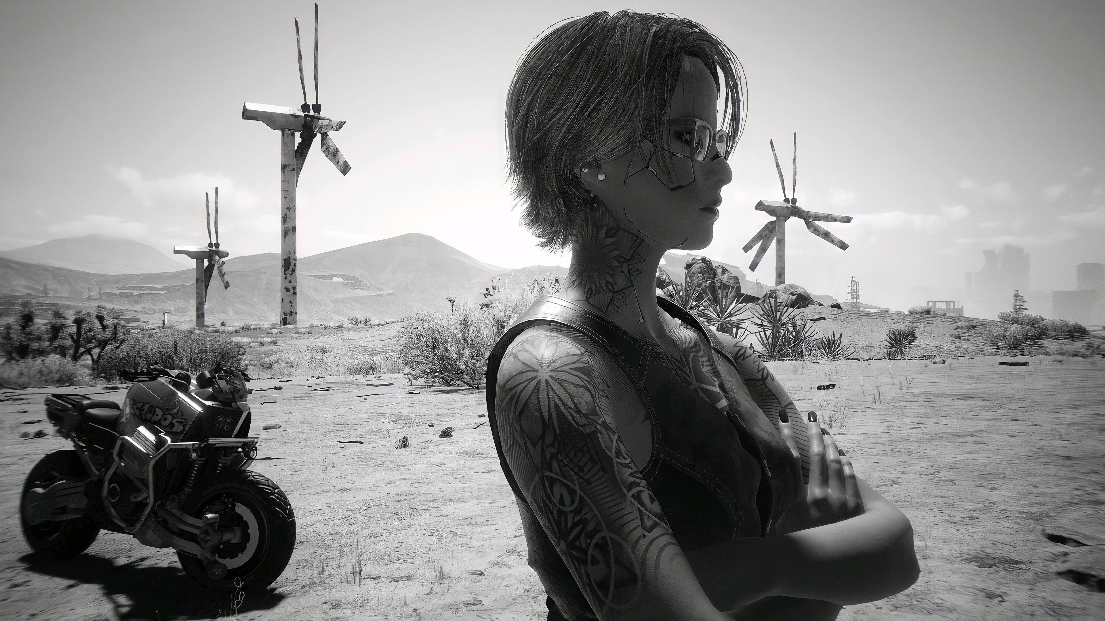 General 3840x2160 Cyberpunk 2077 cyberpunk video games video game girls screen shot low saturation video game characters V (Cyberpunk 2077) inked girls Augmentation PC gaming motorcycle vehicle