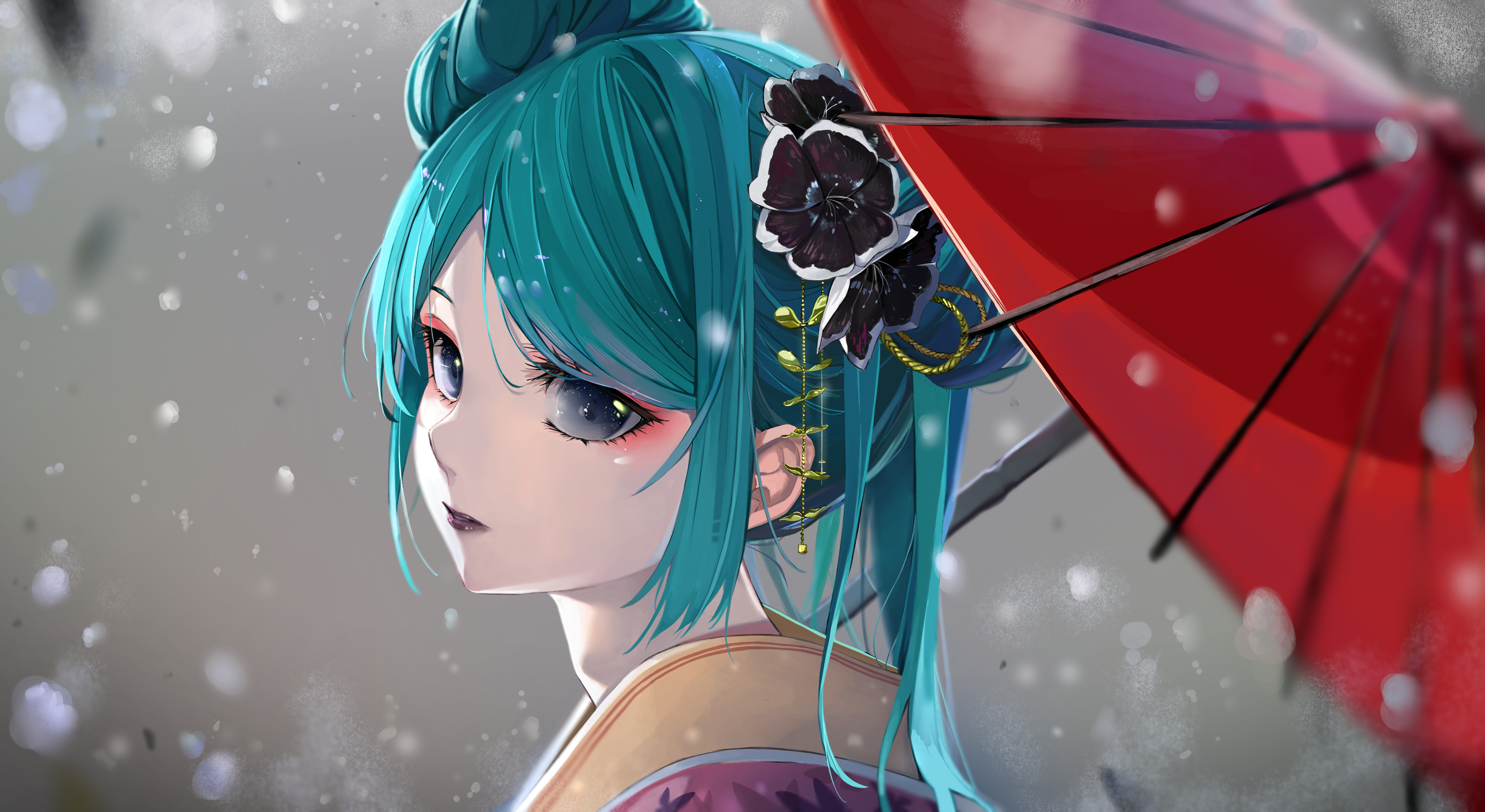 Anime 3489x1909 anime anime girls dark eyes kimono umbrella barrette long hair cyan hair Merah Drow artwork Hatsune Miku