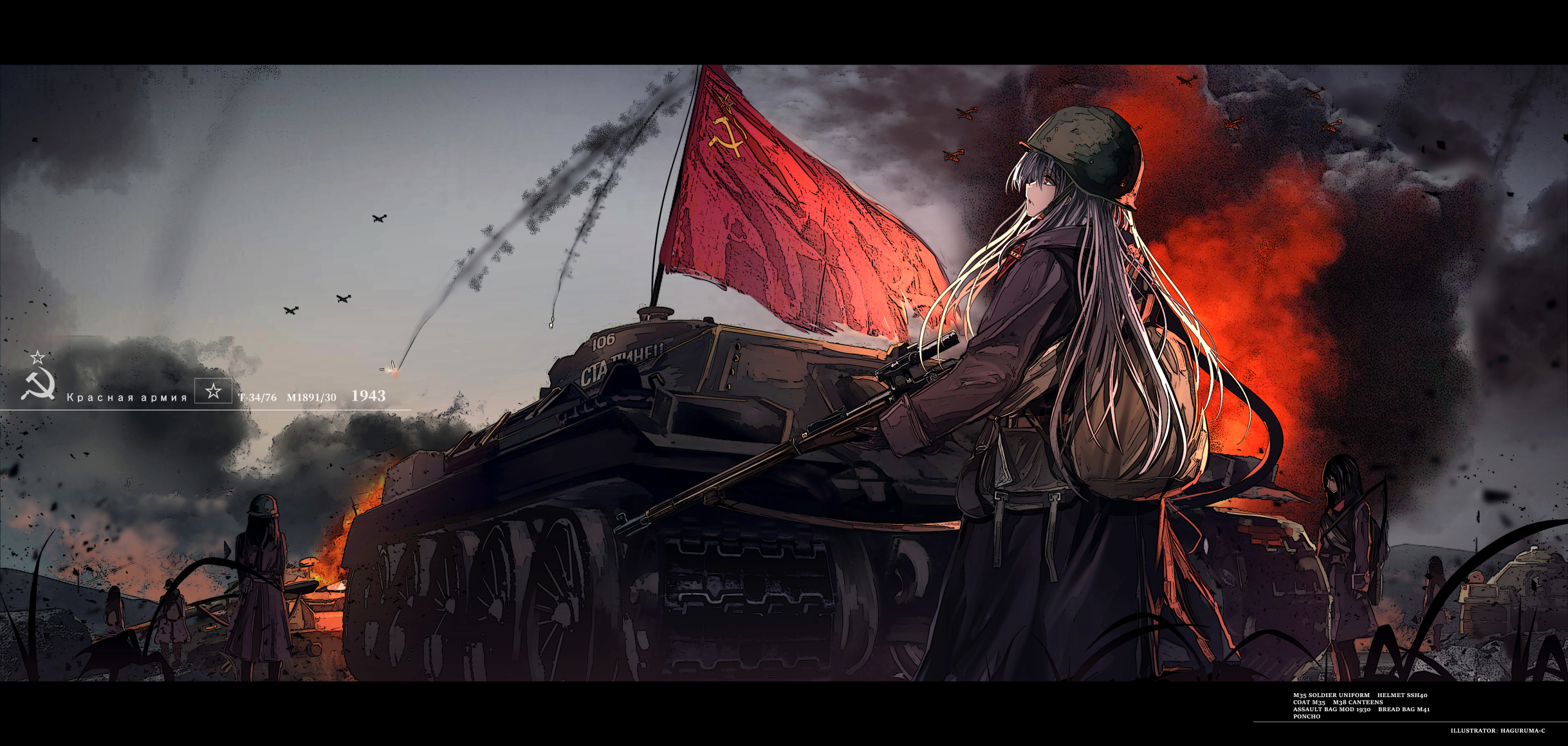 Anime 2437x1160 anime girls World War II female soldier Soviet Army tank hammer and sickle Haguruma artwork