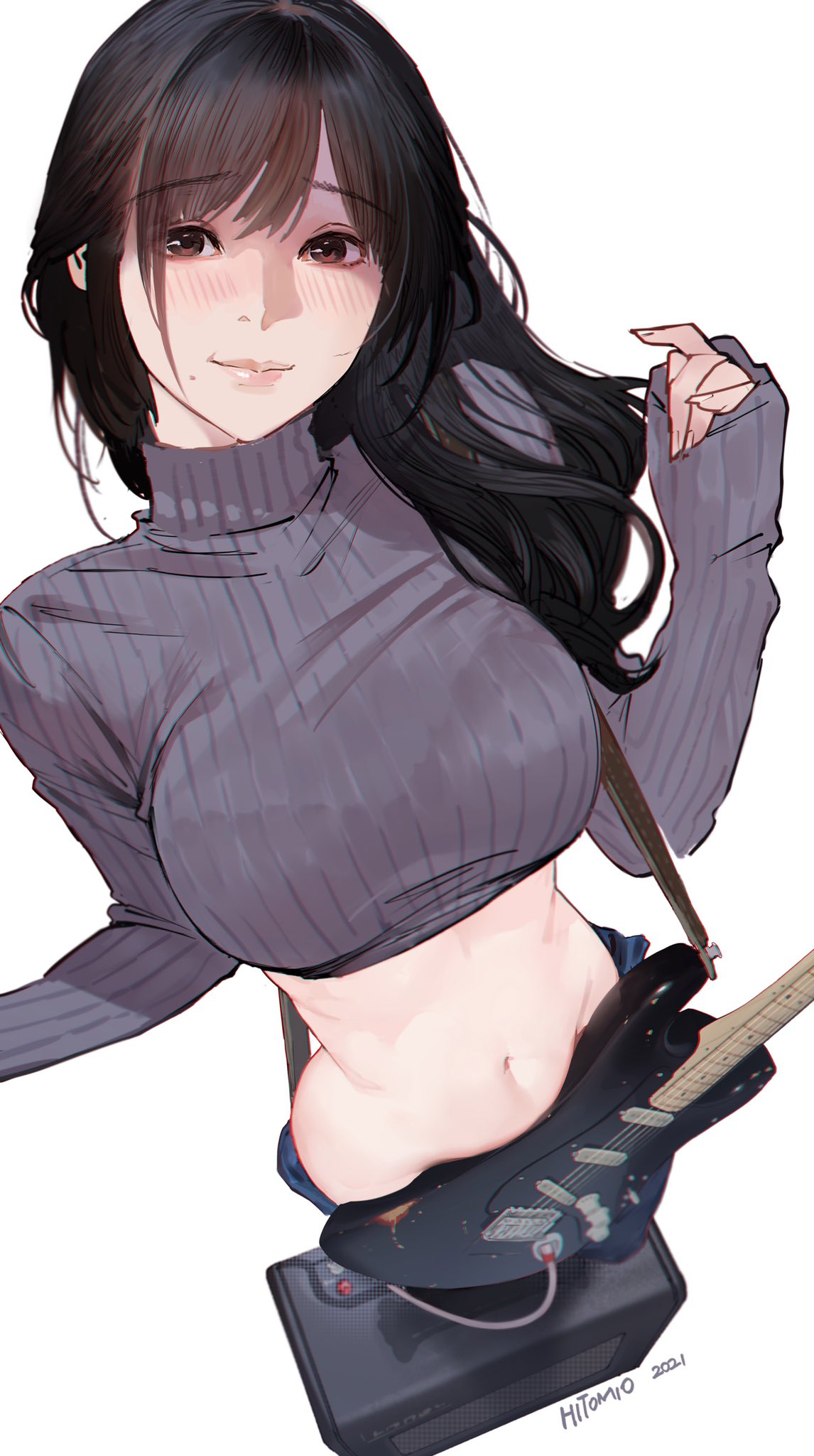 Anime 1146x2048 guitar anime girls dark hair sweater bare midriff belly artwork Hitomio crop top Fender amplifiers Guitar Sister (Hitomio) electric guitar Stratocaster