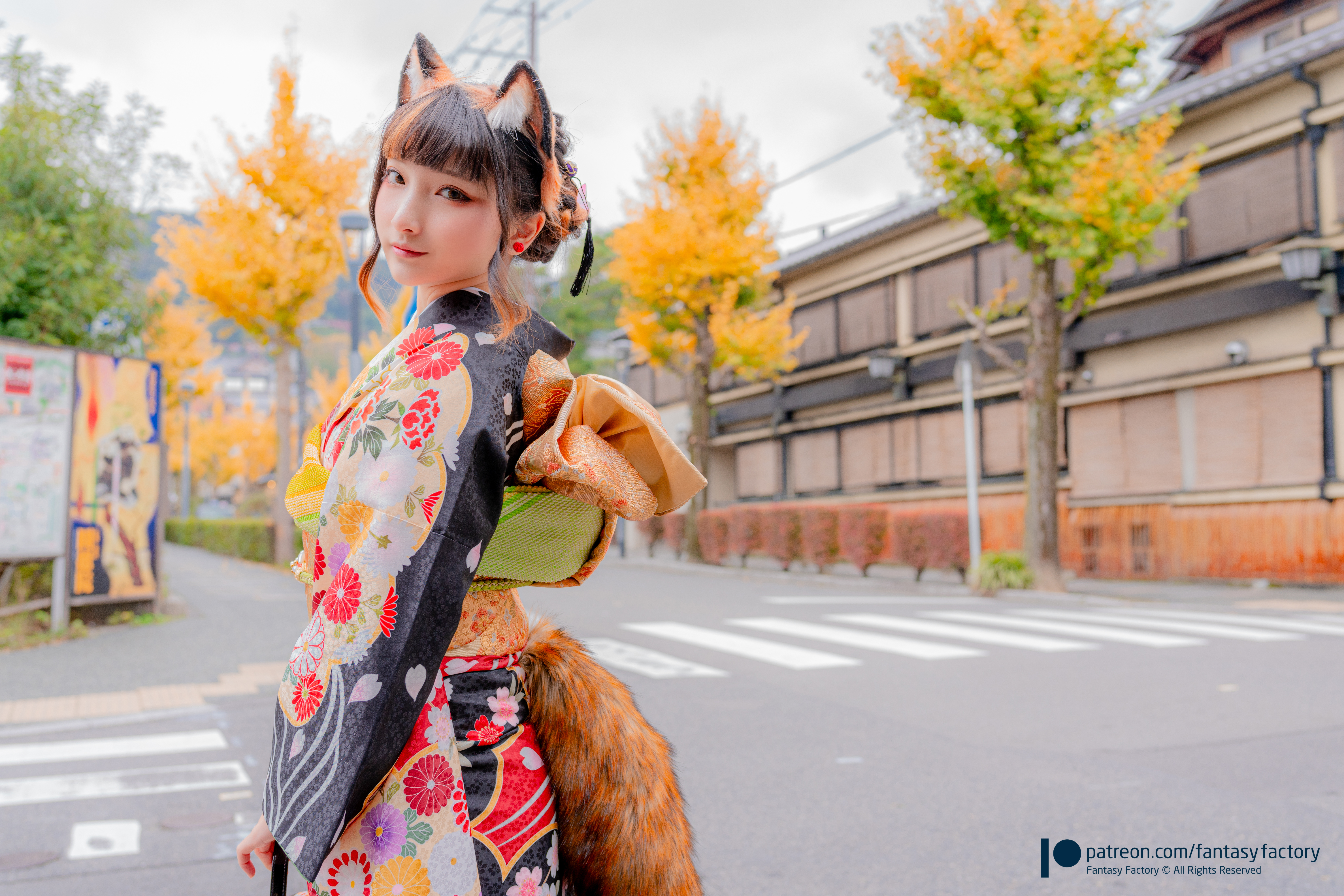 People 7433x4958 Fantasy Factory women model Asian bangs cosplay fox girl fox ears fox tail kimono depth of field portrait looking at viewer outdoors women outdoors smiling street