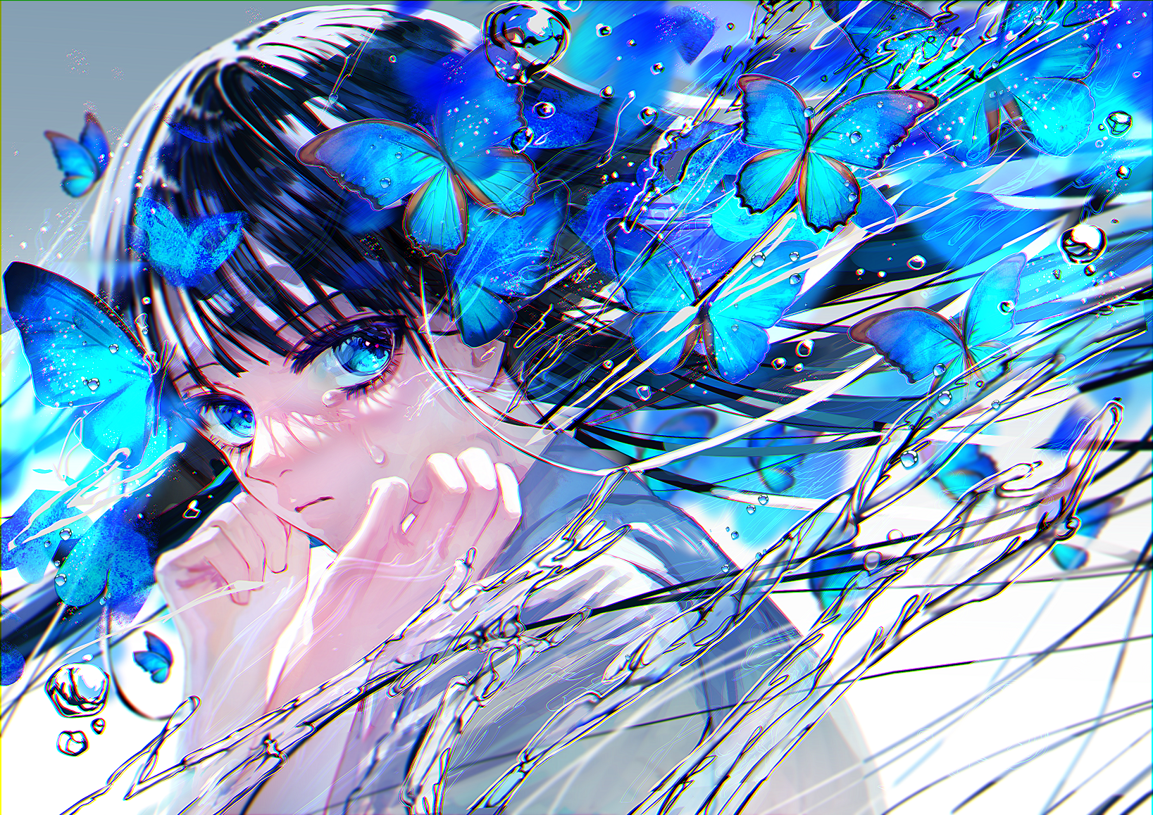 Anime 1637x1158 anime anime girls butterfly blue eyes looking at viewer crying dark hair long hair water water drops sailor uniform LogA