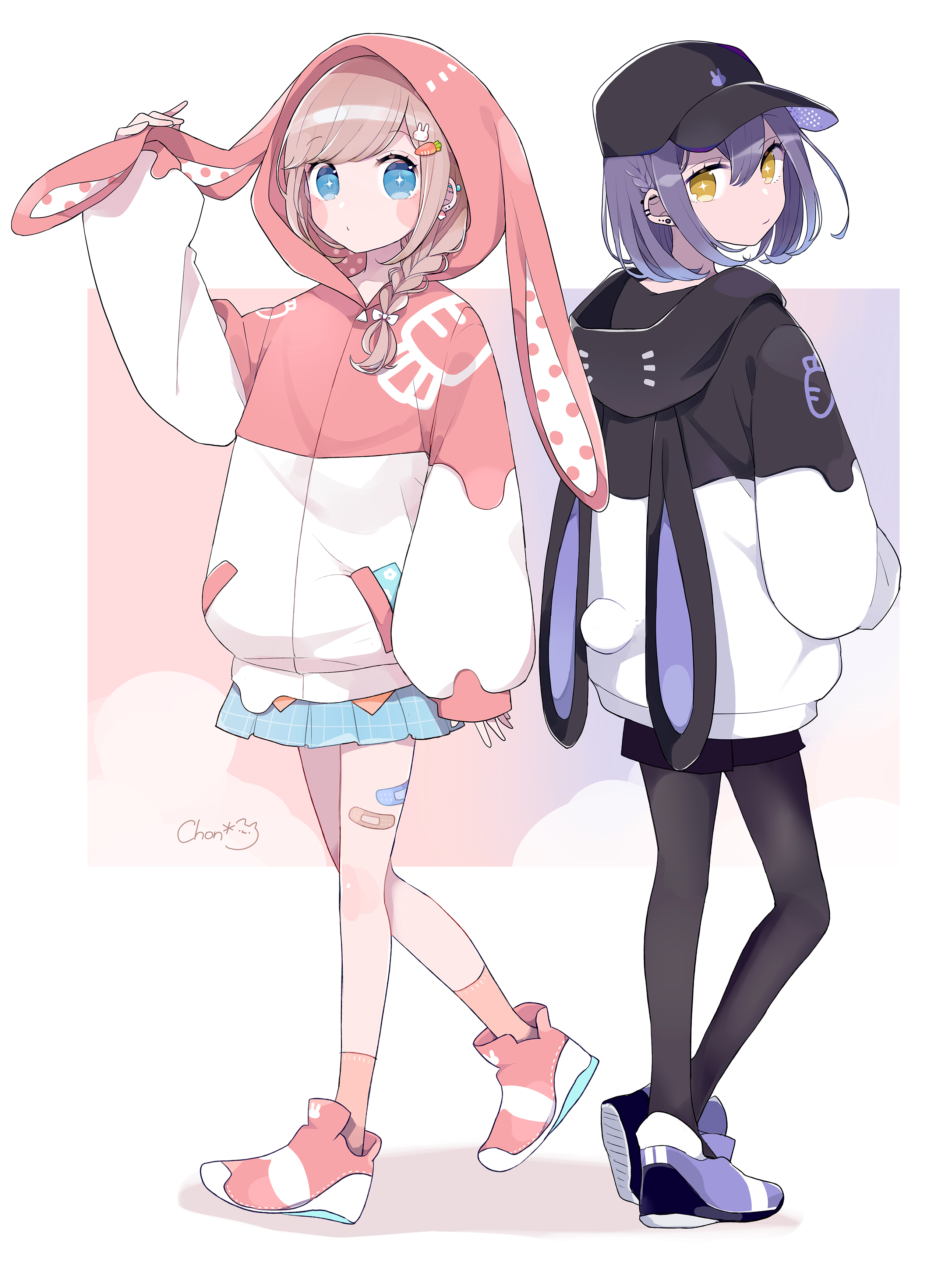 Anime 2581x3500 anime girls Chon Pixiv two women blue eyes yellow eyes standing anime bunny ears skirt band-aid jacket looking at viewer white background pink background purple background short hair braids polka dots purple hair blonde digital art 2D