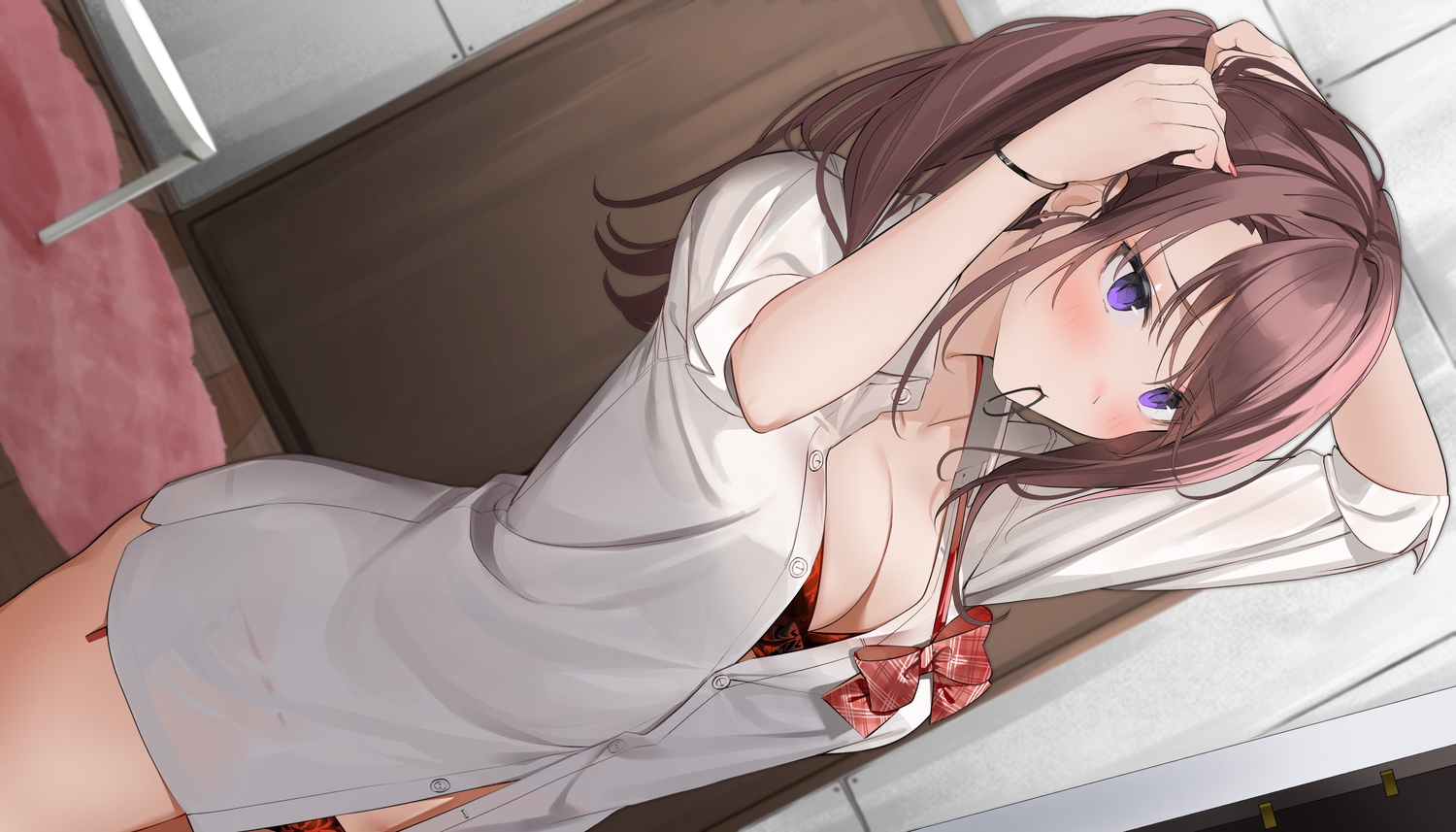 Anime 1500x857 anime girls purple eyes brunette open shirt underwear cleavage Xretakex Ai Kiss 2
