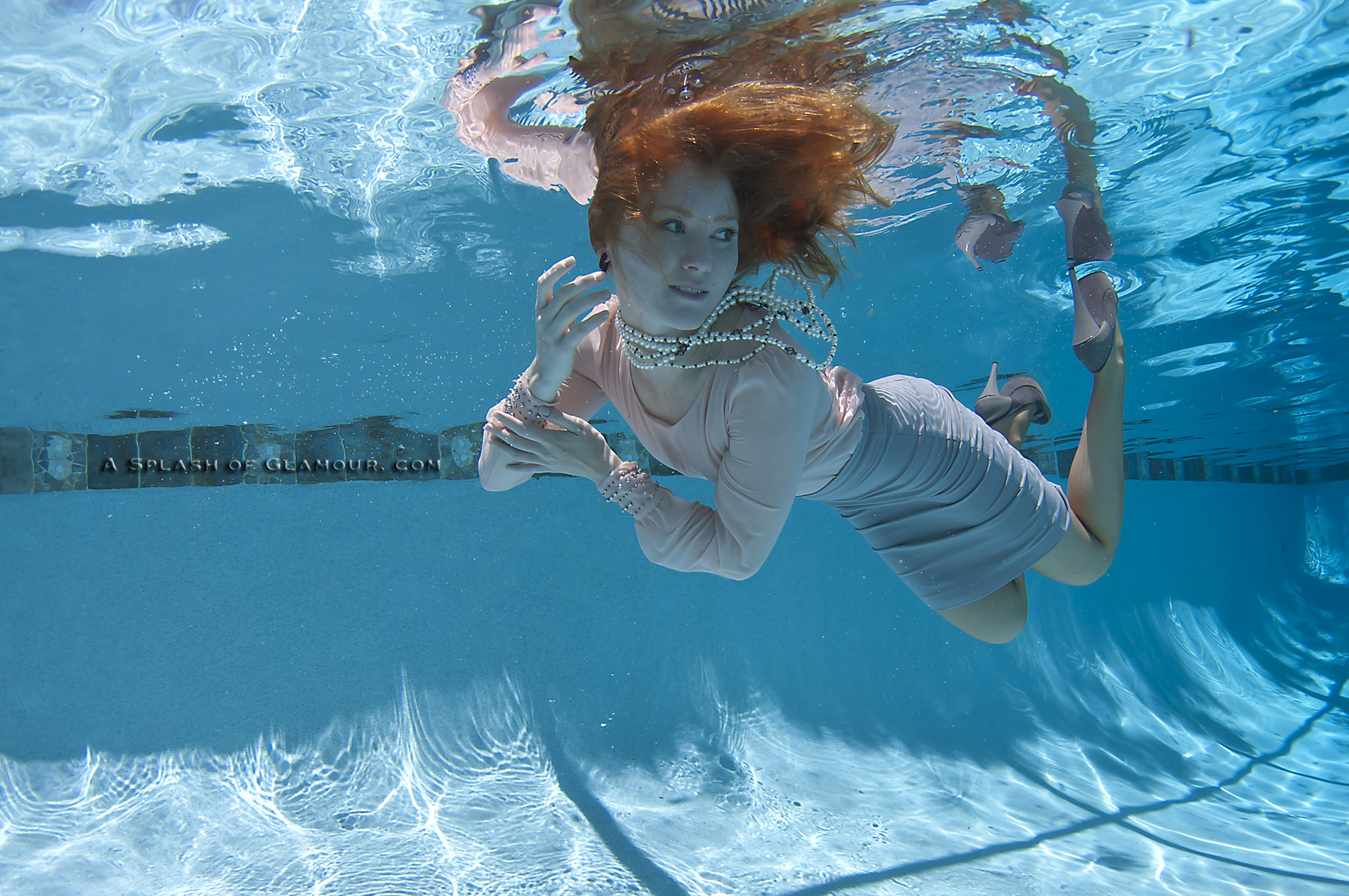 People 1787x1187 swimming pool underwater redhead floating skirt high heels model women
