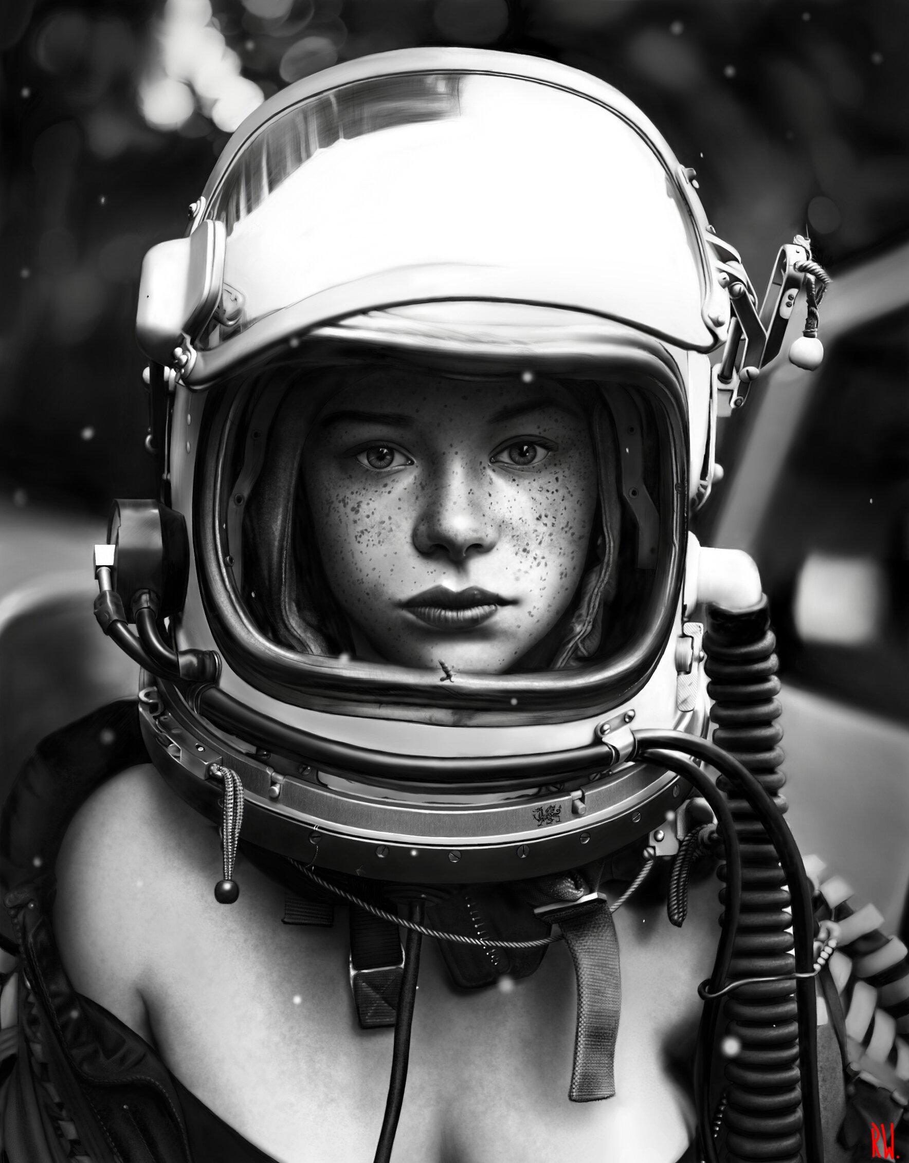 General 1768x2263 women monochrome artwork freckles astronaut