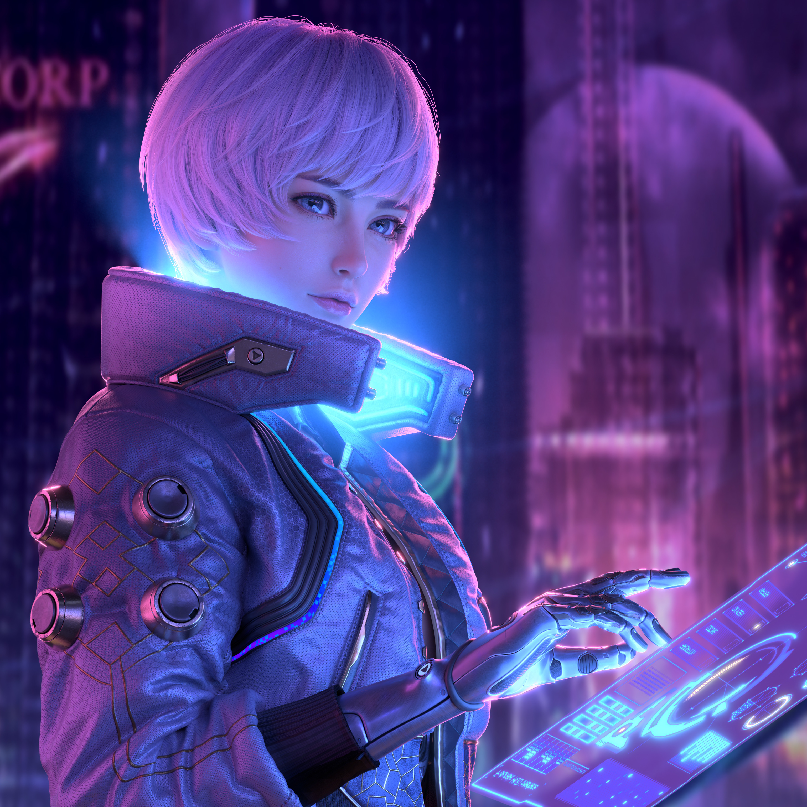 General 3072x3072 Huifeng Huang CGI women androids short hair purple hair bangs blue eyes jacket neon cyberpunk digital art