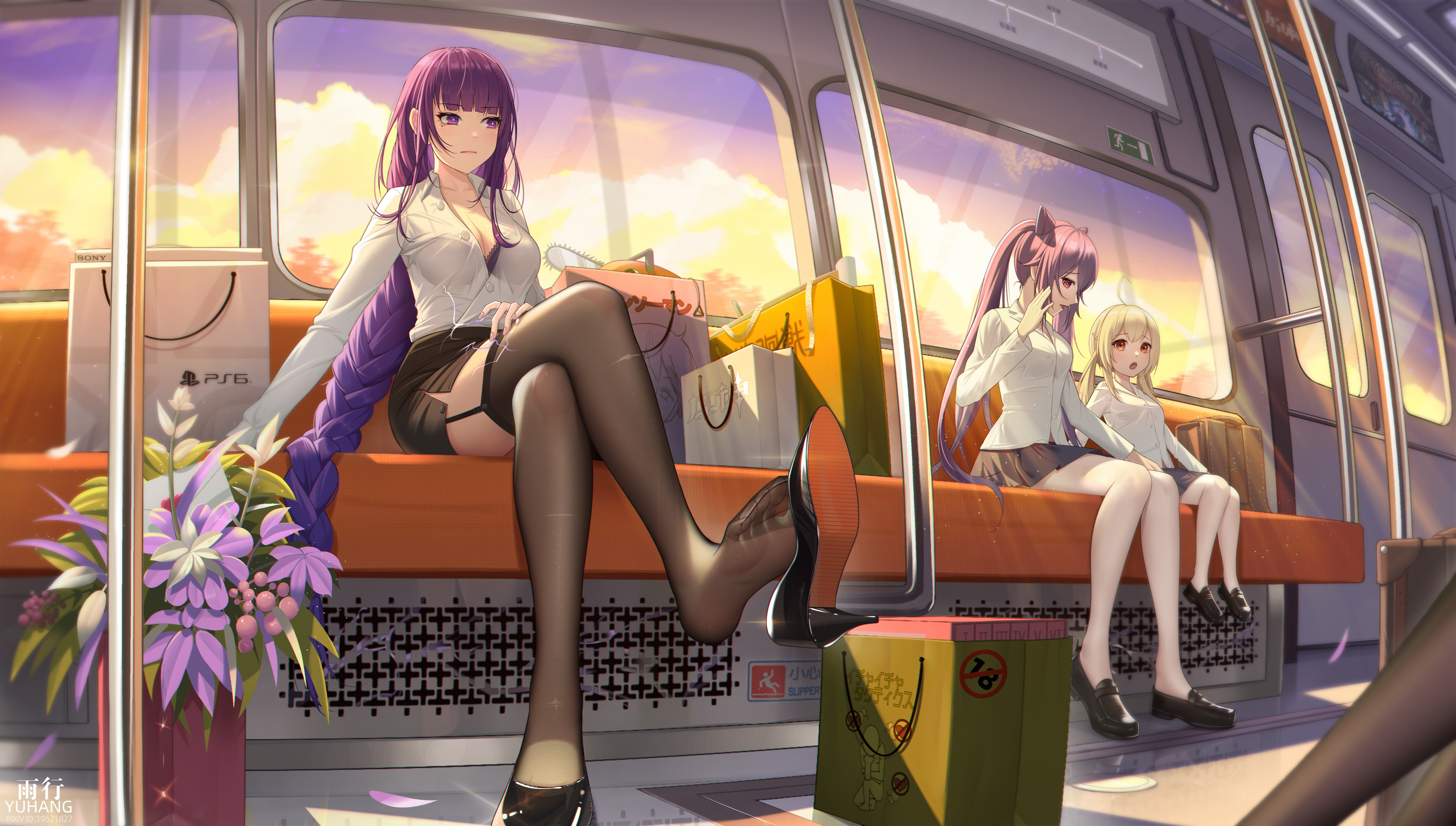 Anime 5000x2835 stockings high heels long hair purple hair artwork anime girls Bea black bras