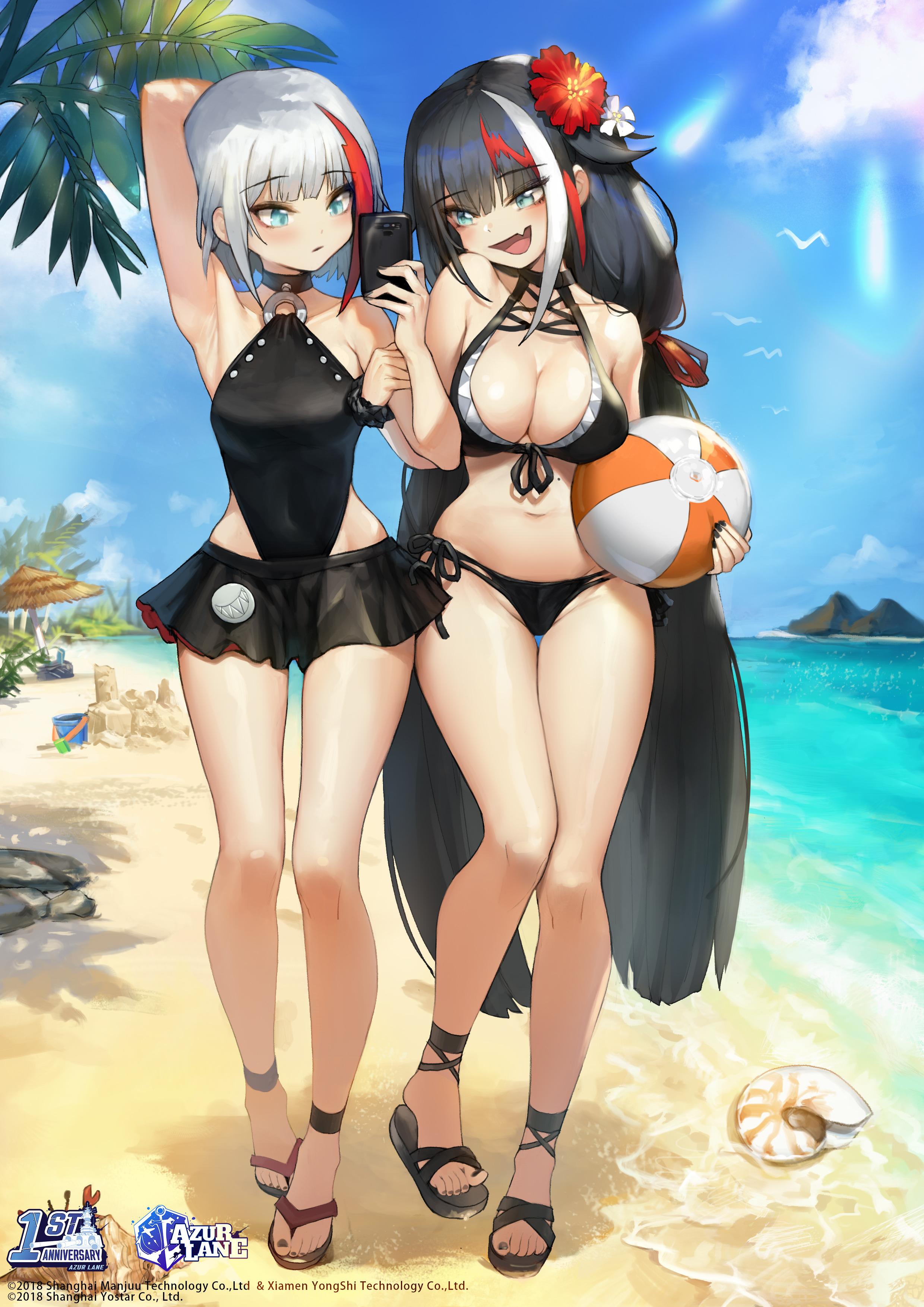 Anime 2480x3508 anime anime girls Romana portrait display Azur Lane Admiral Graf Spee (Azur Lane) Deutschland (Azur Lane) two women swimwear cleavage big boobs beach beach ball