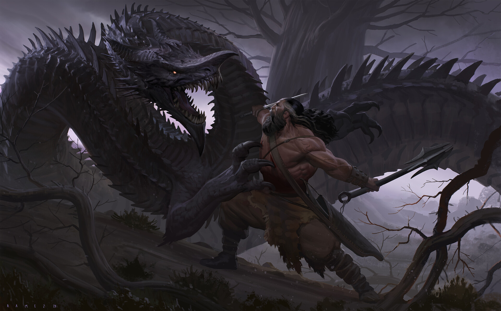 General 1920x1191 artwork dragon creature fantasy art fantasy men Saeed Ramez Chinese dragon digital art pointy teeth weapon muscles shirtless claws glowing eyes sky clouds branch fighting